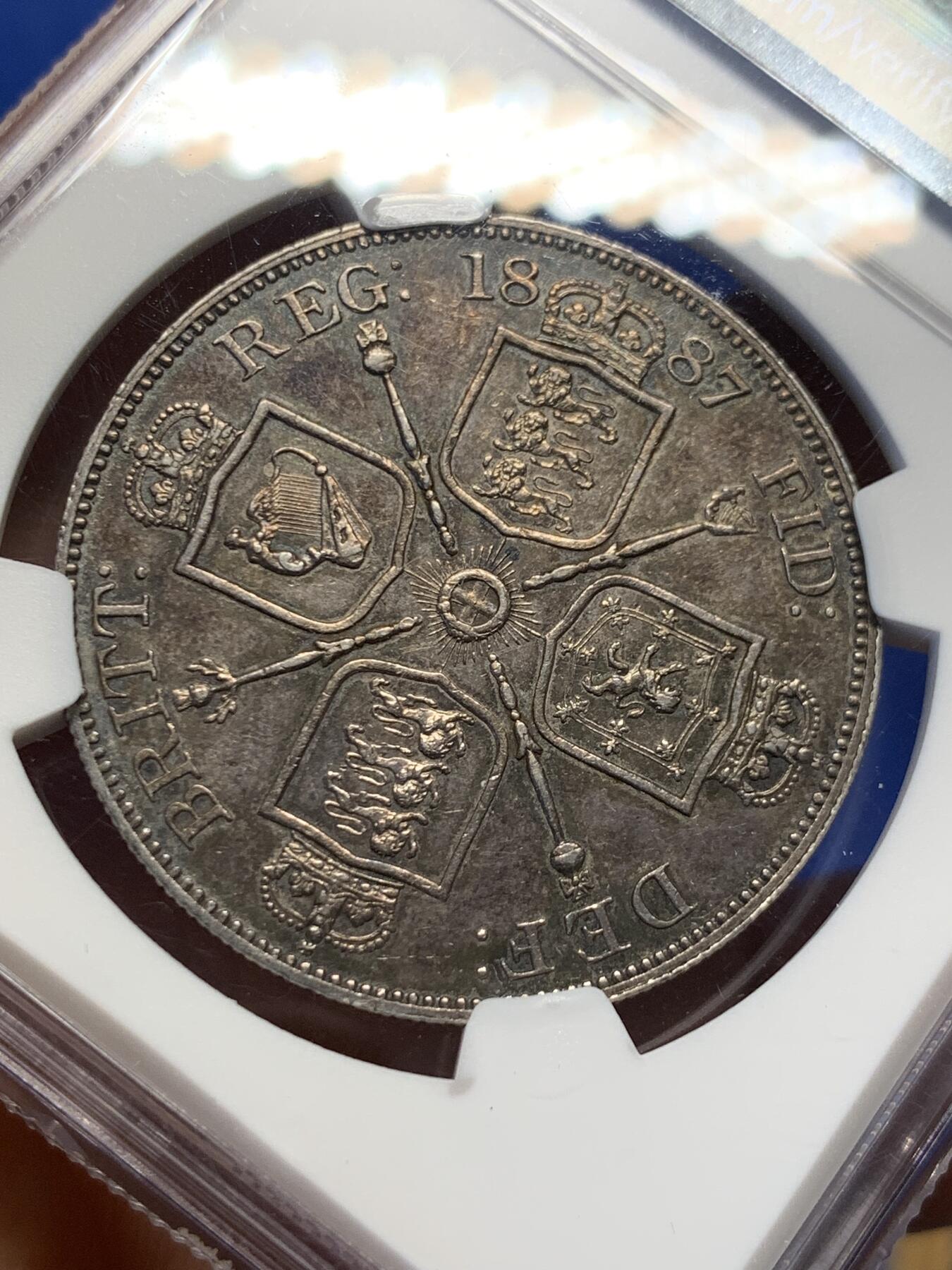 《竞宝斋》第398场 周日，周一，2场连拍 （全场包邮） NGC-AU58英国1887年维多利亚高冠双福林大银币=4先令 深彩包浆
