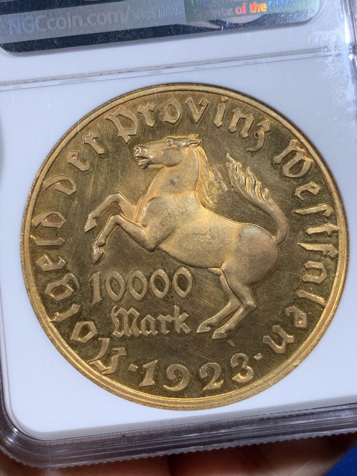 《竞宝斋》第398场 周日，周一，2场连拍 （全场包邮） NGC-MS66 德国 1923年德紧时期威斯特法伦10000马克 大马币 高分难得