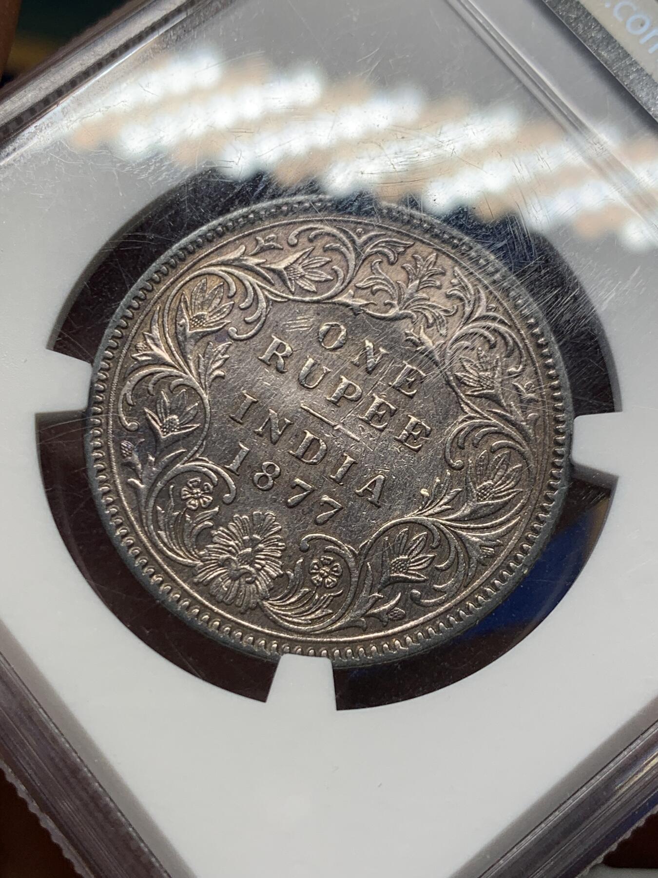 《竞宝斋》第398场 周日，周一，2场连拍 （全场包邮） NGC AU 英属印度 1877年 维多利亚 1卢比银币 细节好带包浆 少见
