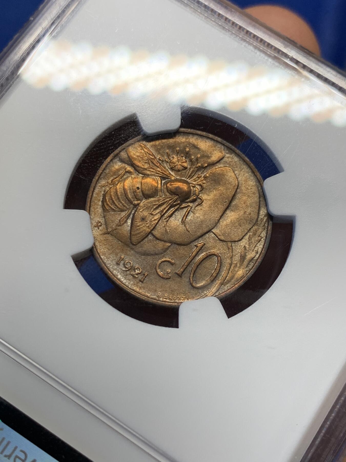 《竞宝斋》第398场 周日，周一，2场连拍 （全场包邮） NGC MS63RB 意大利 1921年 蜜蜂10分 热门品种