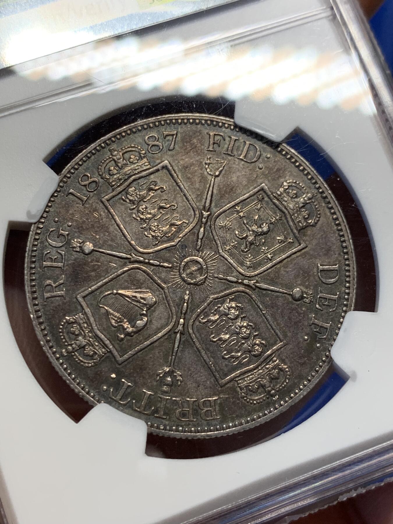 《竞宝斋》第398场 周日，周一，2场连拍 （全场包邮） NGC-AU58英国1887年维多利亚高冠双福林大银币=4先令 深彩包浆