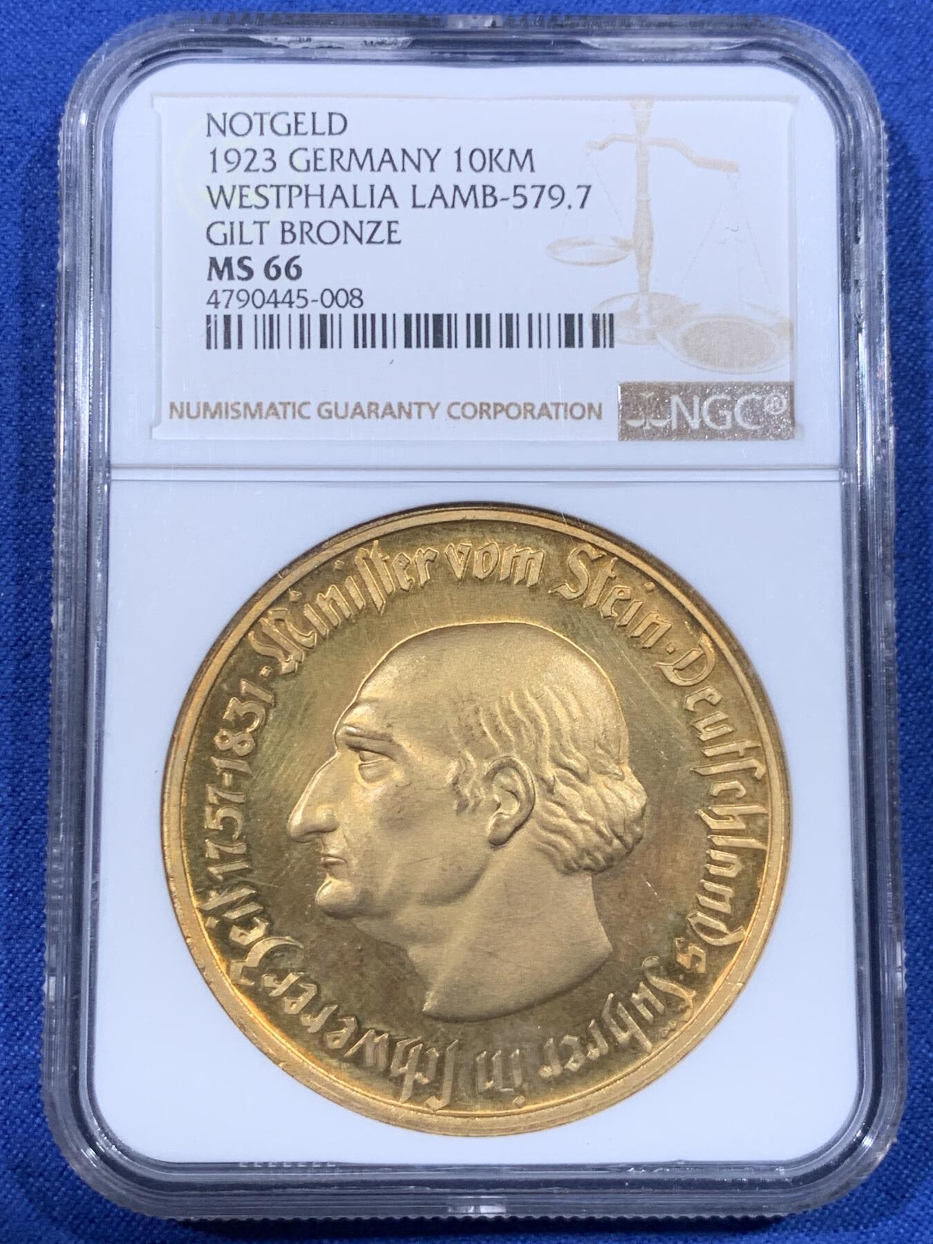 《竞宝斋》第398场 周日，周一，2场连拍 （全场包邮） NGC-MS66 德国 1923年德紧时期威斯特法伦10000马克 大马币 高分难得