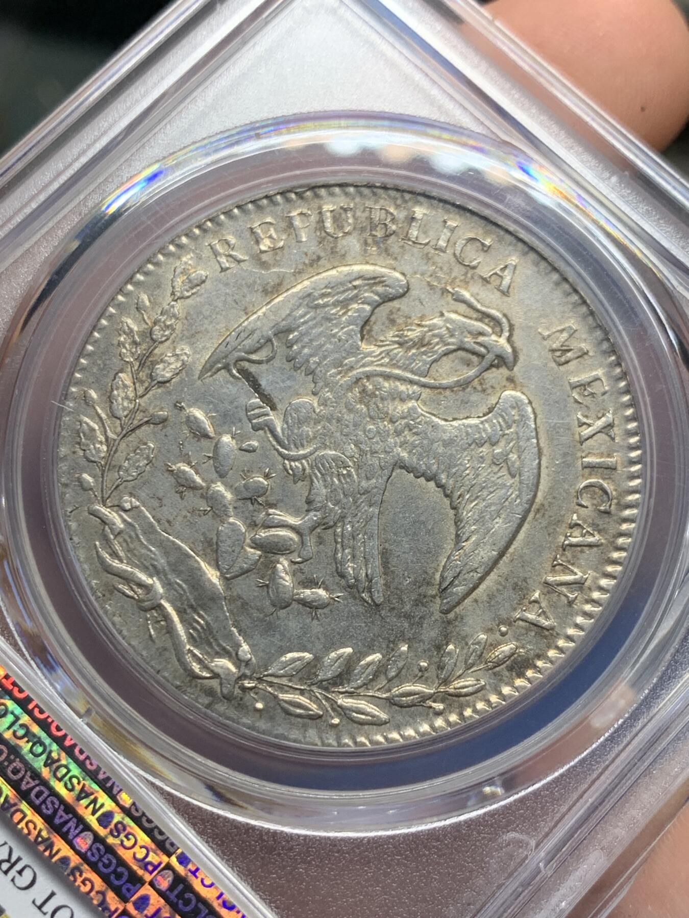 《竞宝斋》第398场 周日，周一，2场连拍 （全场包邮） PCGS-AU 墨西哥 1884 CN AM版 8瑞尔 银币 七级鹰 AU级别极少 可遇不可求