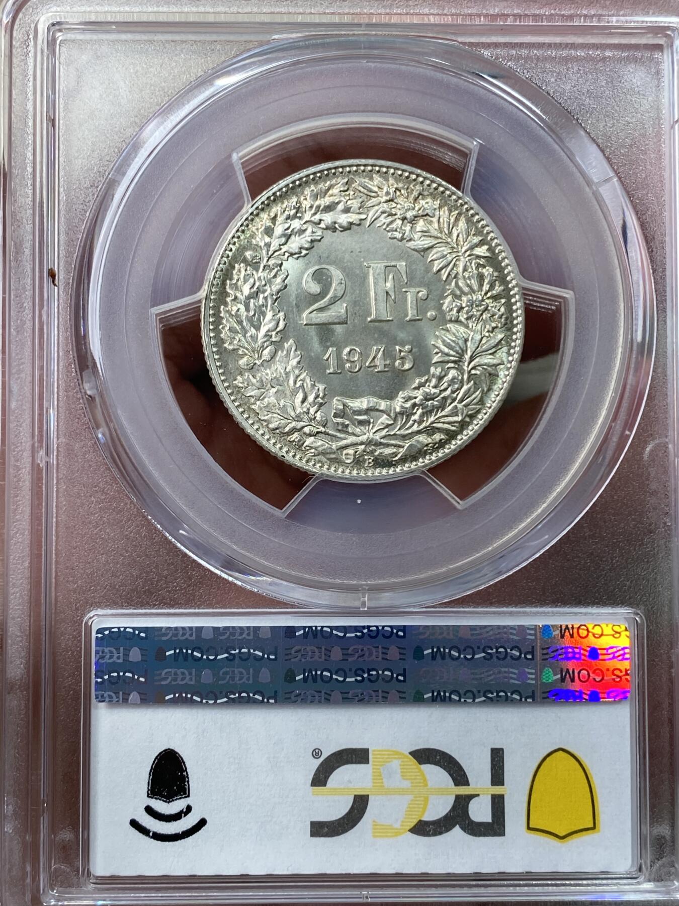 万国钱币拍卖第049期（万国夏季大拍） PCGS MS64 1945瑞士赫尔维蒂女神2法郎银币 原光品相