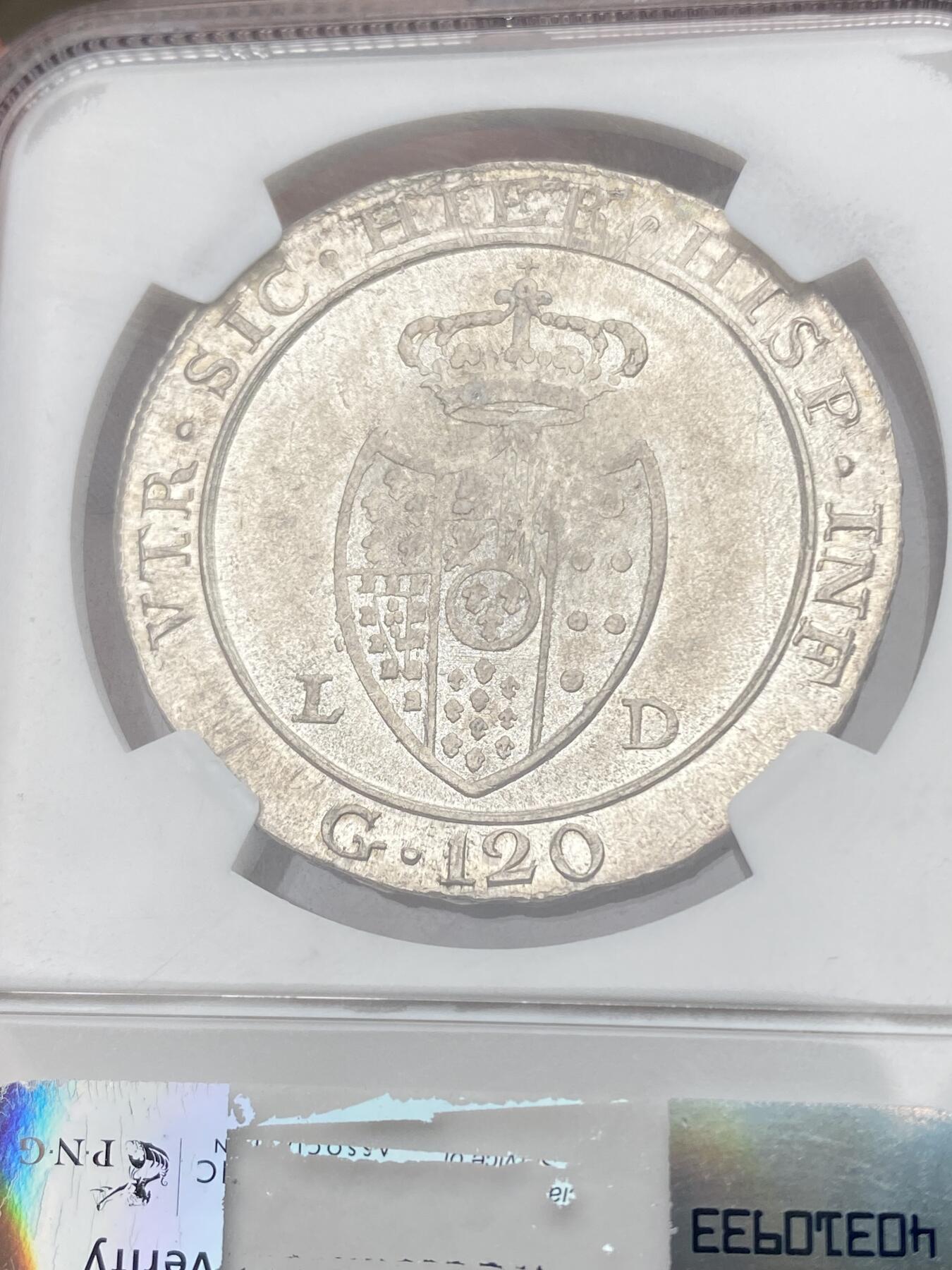 万国钱币拍卖第049期（万国夏季大拍） NGC MS63 1805意大利那不勒斯和西西里费迪南德四世120格拉纳大银 大头版本 原味淡金彩包浆