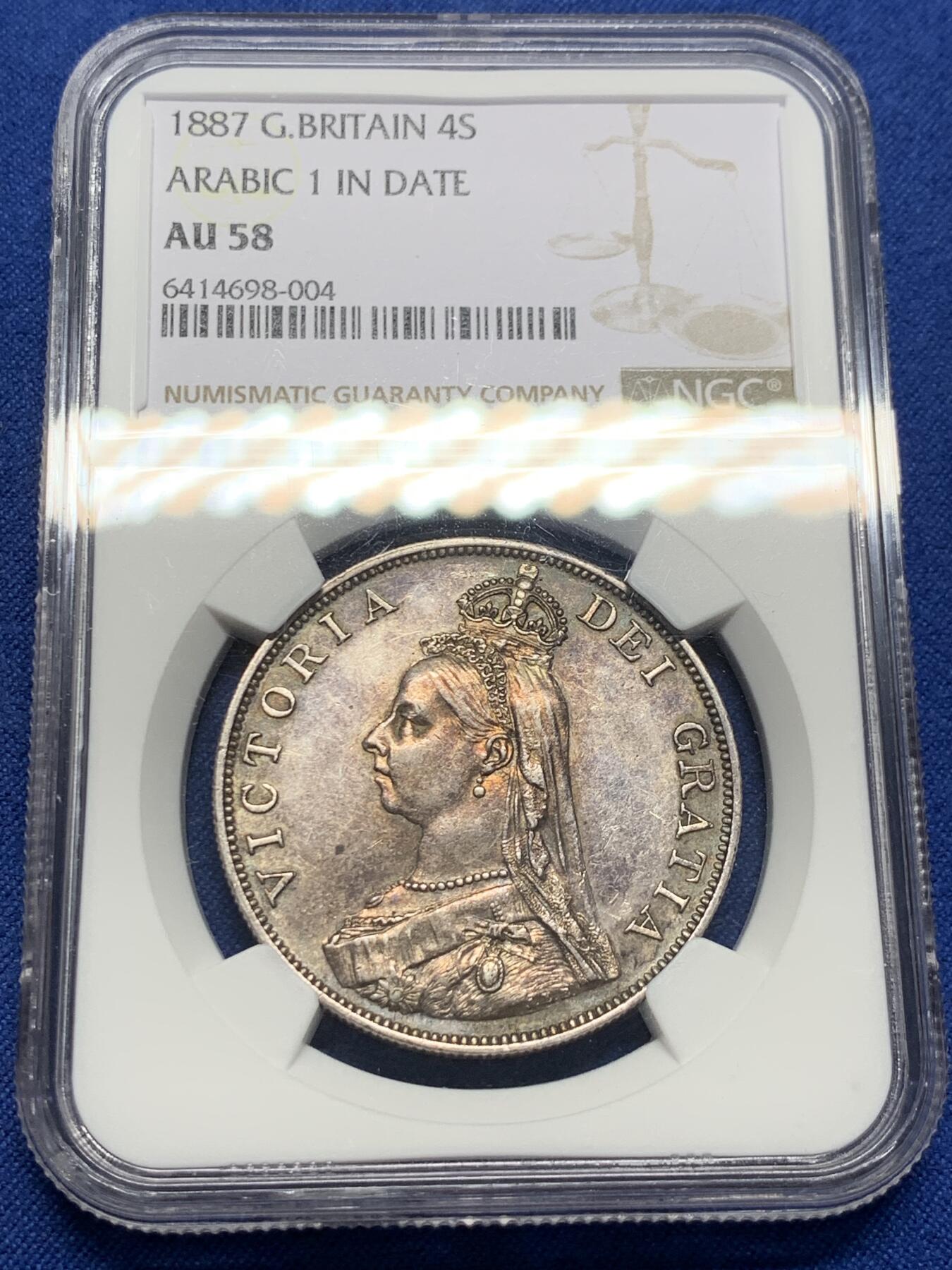 《竞宝斋》第398场 周日，周一，2场连拍 （全场包邮） NGC-AU58英国1887年维多利亚高冠双福林大银币=4先令 深彩包浆