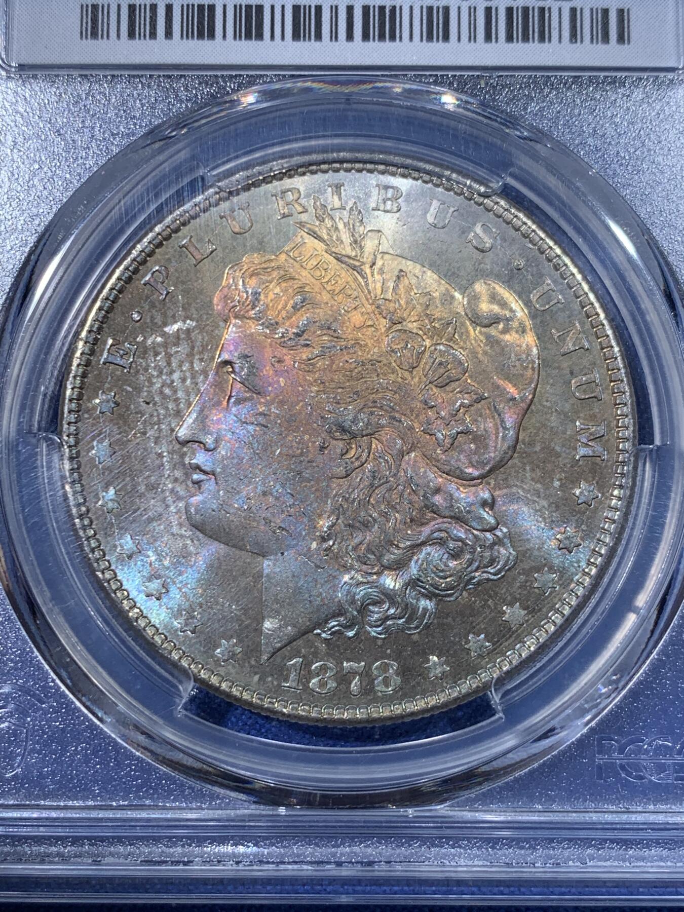 《竞宝斋》第398场 周日，周一，2场连拍 （全场包邮） PCGS-MS63 1878 摩根八羽 8tf 五彩包浆 好彩难得