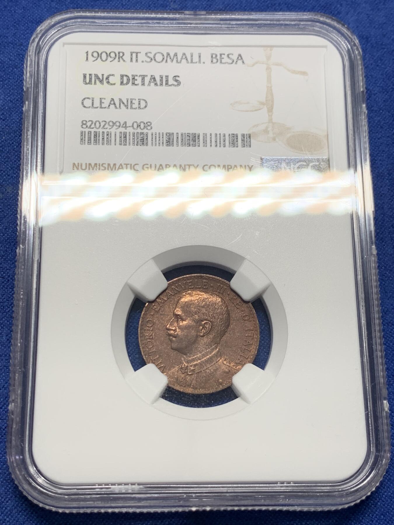 《竞宝斋》第398场 周日，周一，2场连拍 （全场包邮） NGC-UNC  意属索马里 1909R 1Besa 铜币 非常稀有的小品种