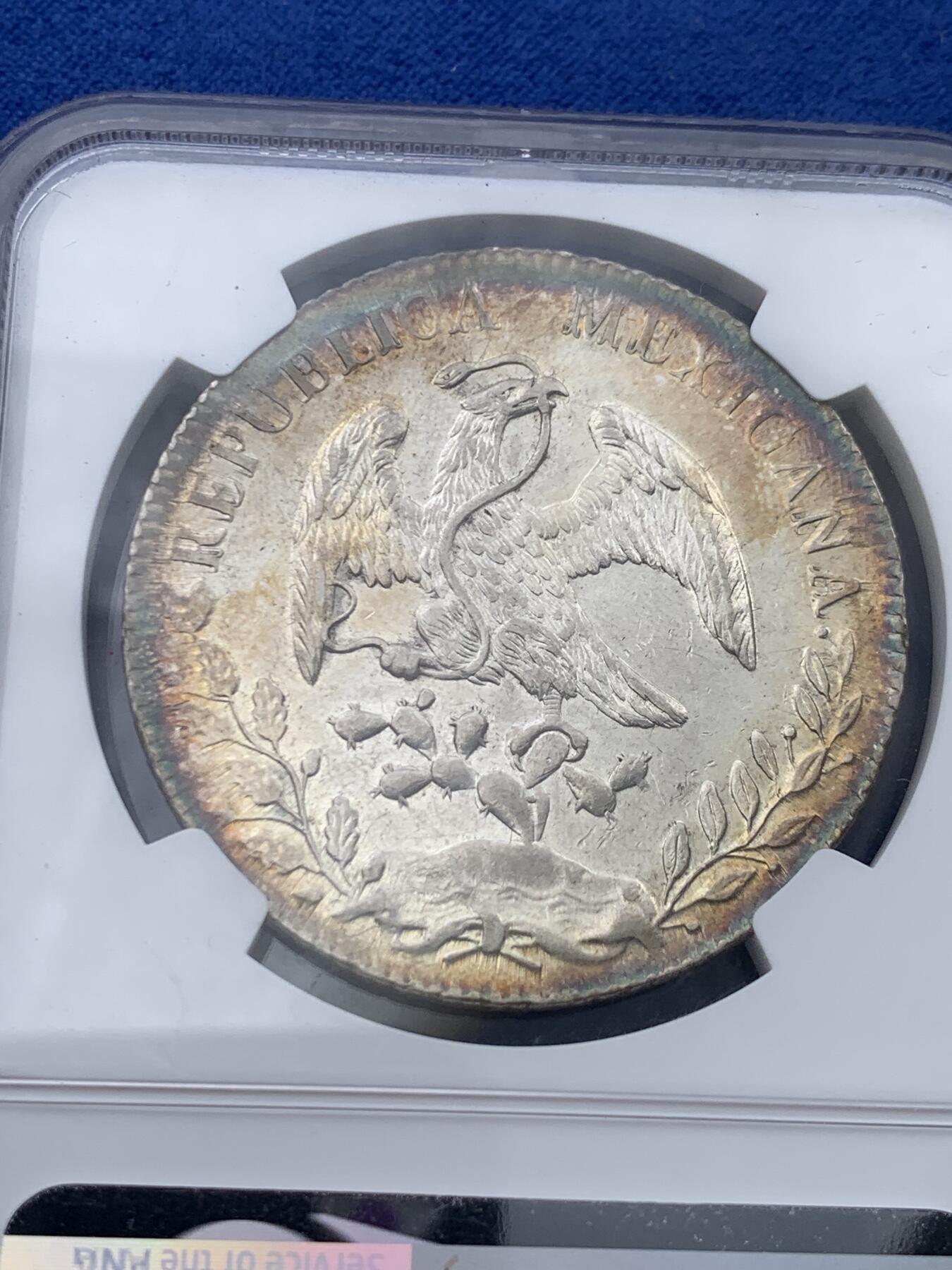 《竞宝斋》第398场 周日，周一，2场连拍 （全场包邮） NGC UNC 墨西哥 1893年花边鹰洋 少见绚丽环彩 正反面都有