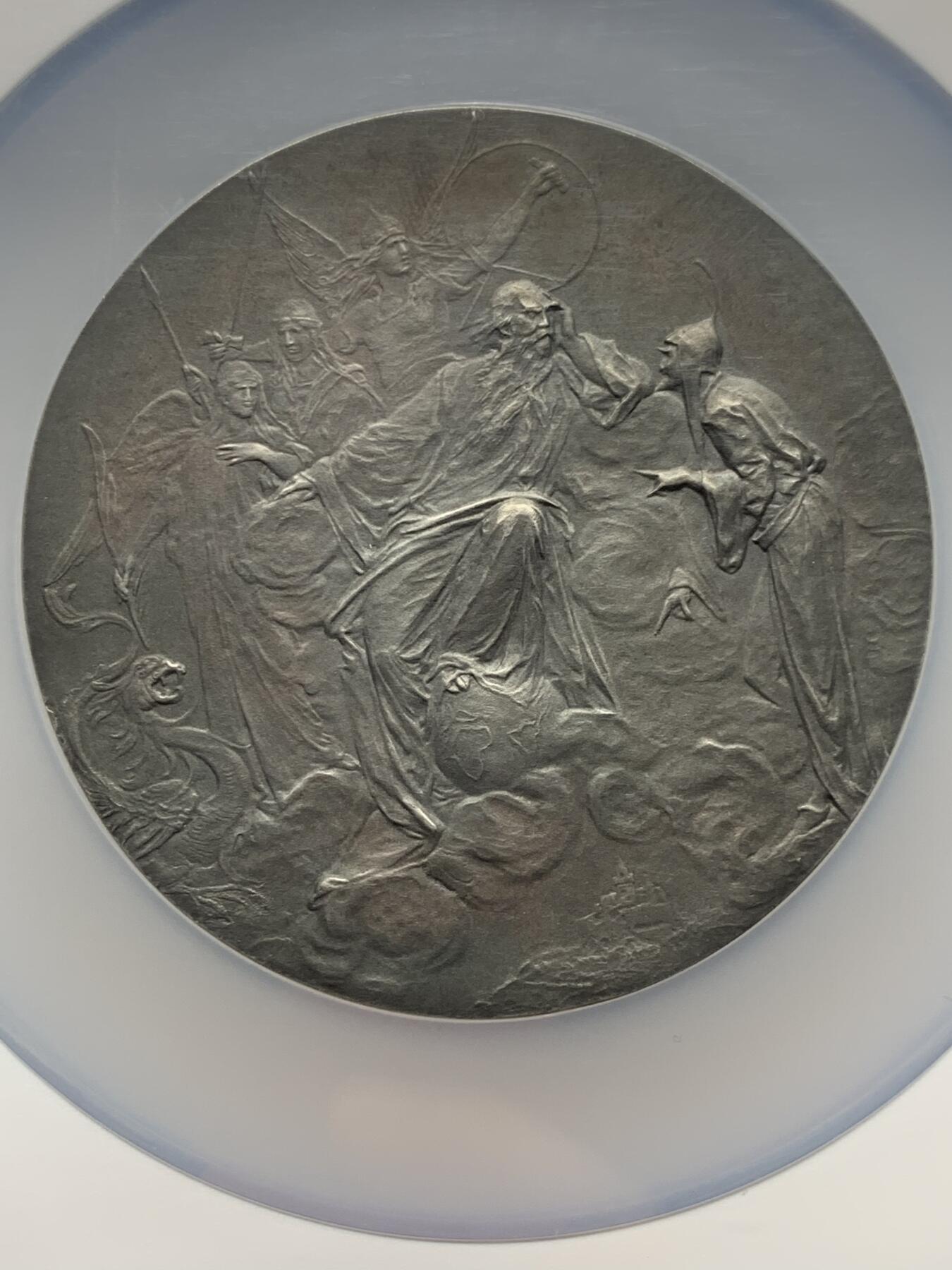 《竞宝斋》第398场 周日，周一，2场连拍 （全场包邮） NGC MS65 德国 1899年 歌德诞辰150周年纪念大银章 68mm 约140克超大规格背面为《浮士德》第一幕 天堂序曲 沙夫名家作品 N加大加厚盒