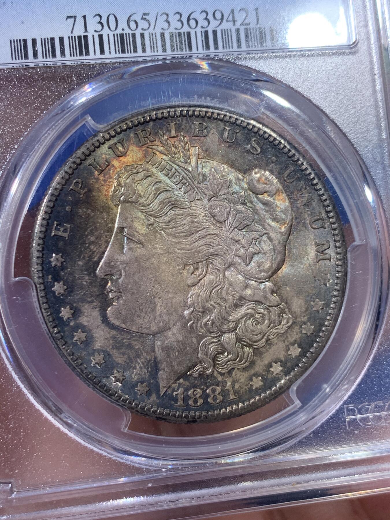 《竞宝斋》第398场 周日，周一，2场连拍 （全场包邮） PCGS MS65 1881年S美国摩根一美元大银 BU银光炫彩倒影包浆