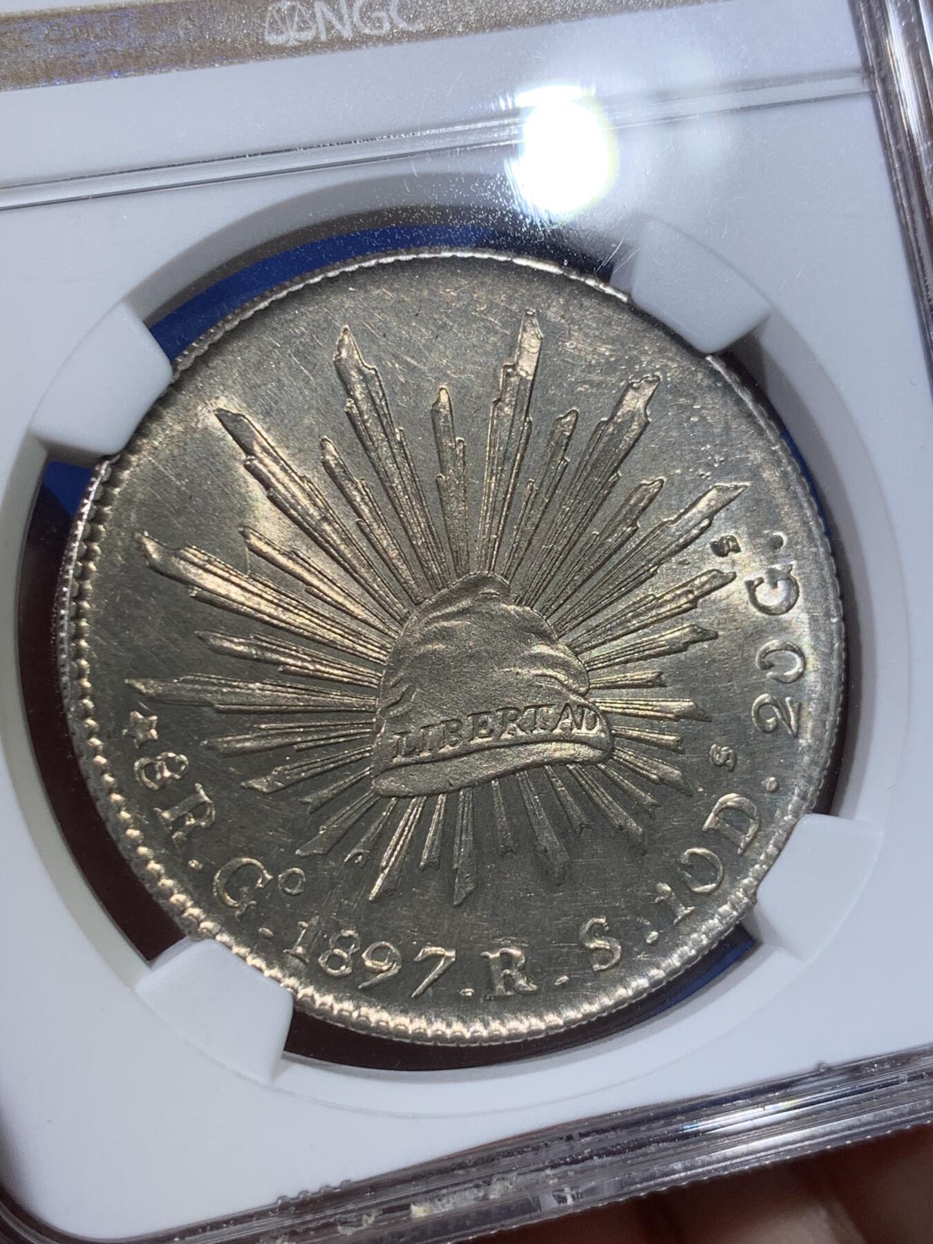 《竞宝斋》第398场 周日，周一，2场连拍 （全场包邮） NGC-MS62 1897年墨西哥鹰洋（GO RS)8R大银币