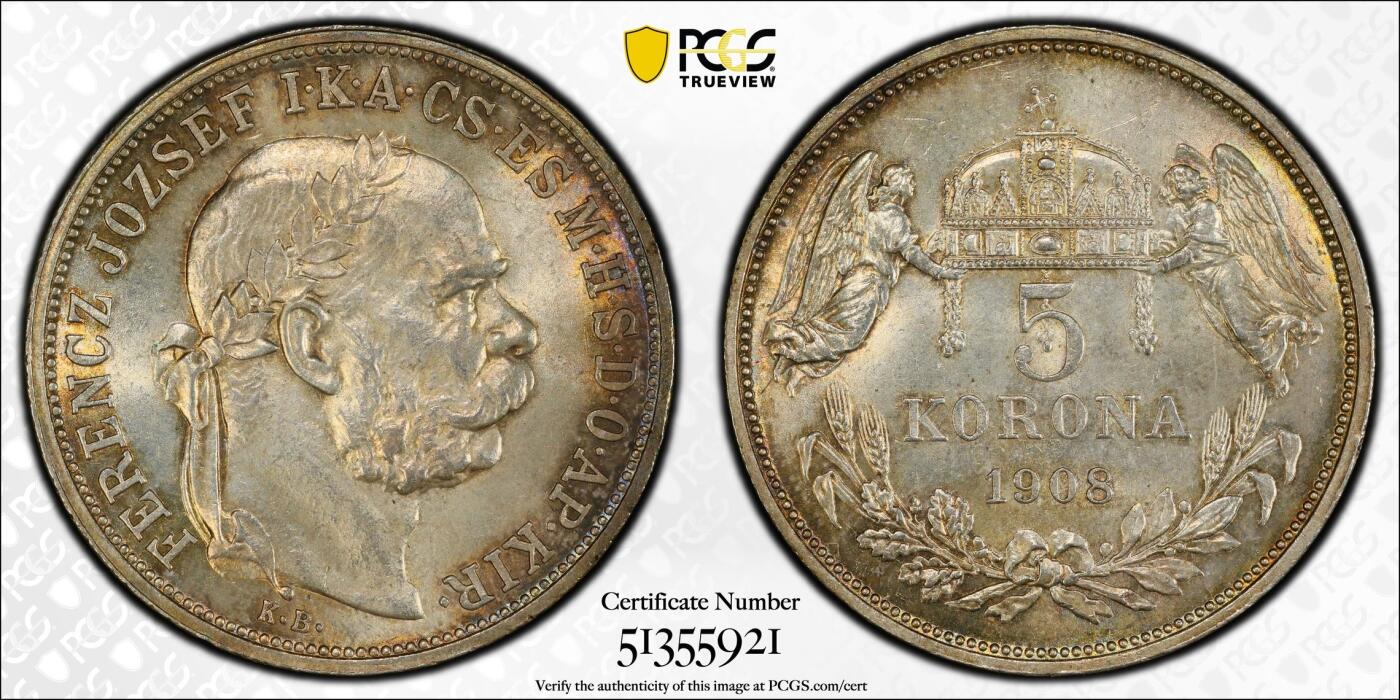 万国钱币拍卖第049期（万国夏季大拍） PCGS MS64 1908年匈牙利弗朗茨一世双天使5克朗大银 克雷姆琴察厂铸造 原光淡金环彩非常漂亮（盒子背面左上有磕碰）