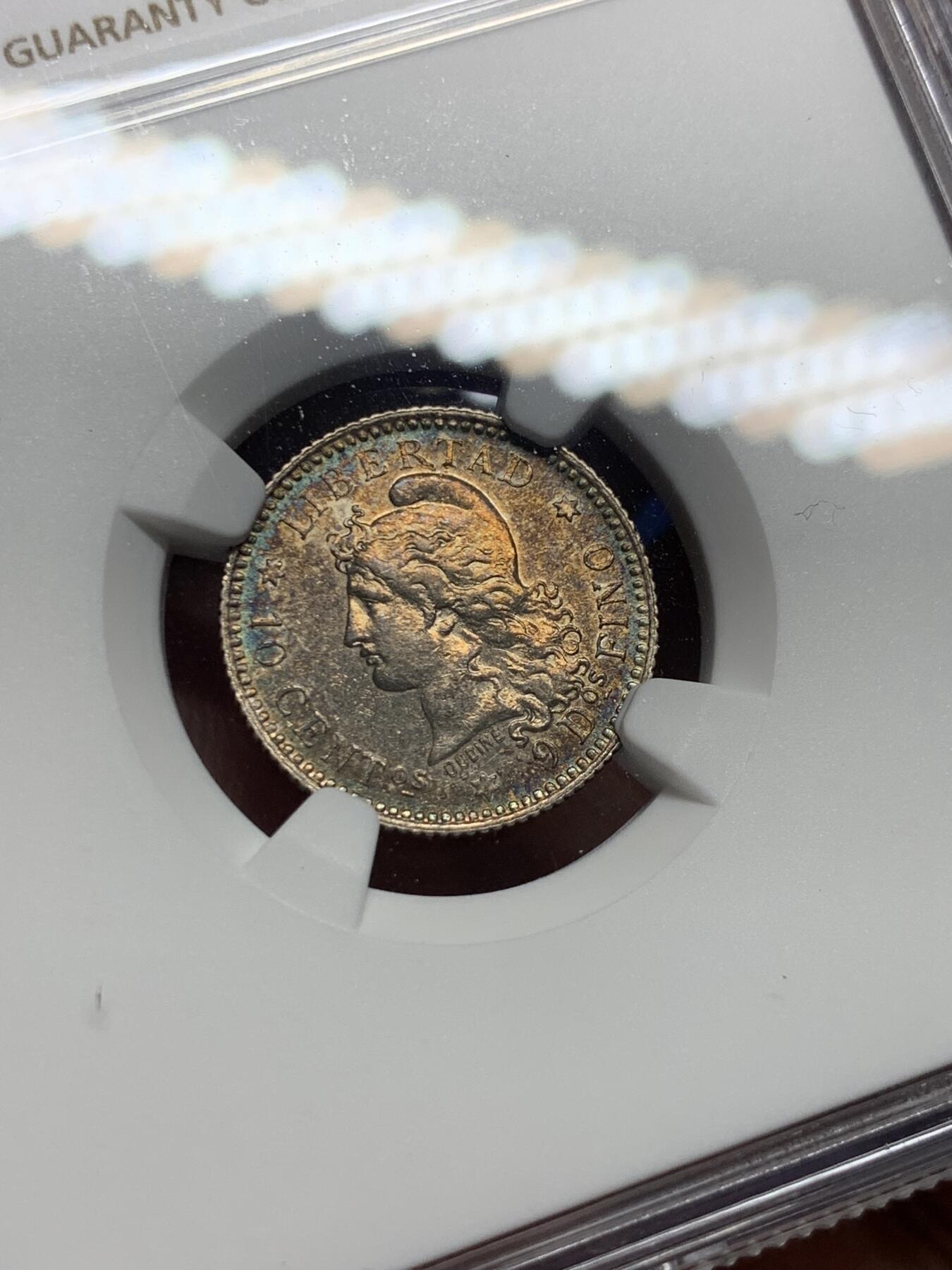 《竞宝斋》第398场 周日，周一，2场连拍 （全场包邮） NGC-AU 阿根廷 1883年10分 银币（.900）金黄色包浆