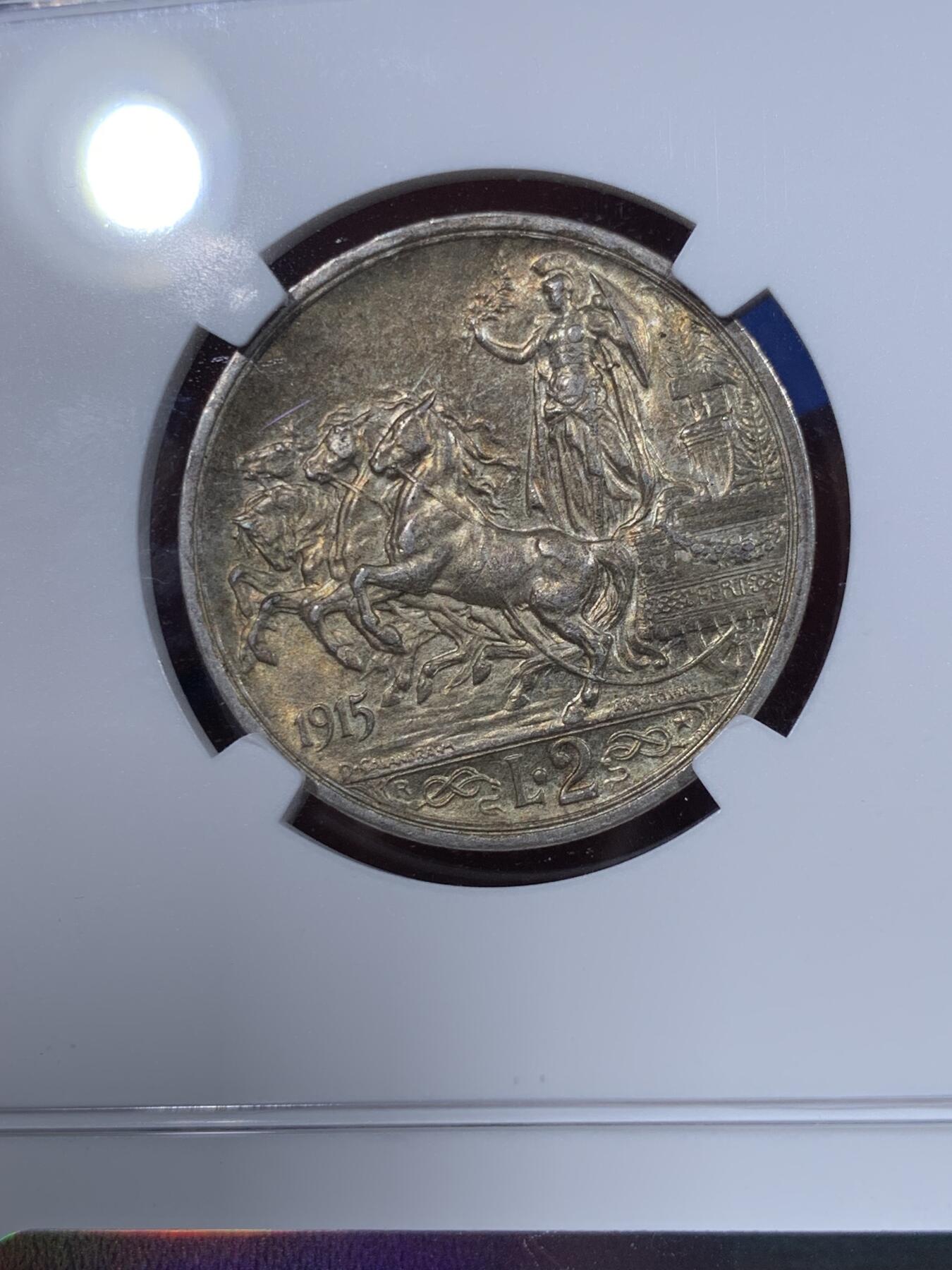 《竞宝斋》第398场 周日，周一，2场连拍 （全场包邮） NGC MS62 1915R意大利马车2里拉 绝美原味黄油彩