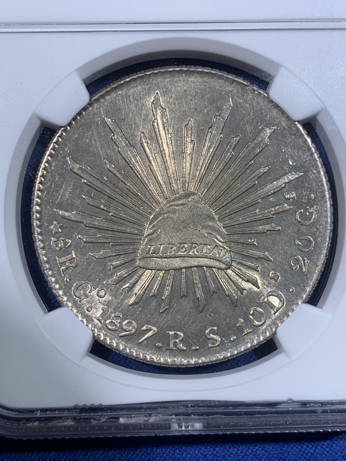 《竞宝斋》第398场 周日，周一，2场连拍 （全场包邮） NGC-MS62 1897年墨西哥鹰洋（GO RS)8R大银币