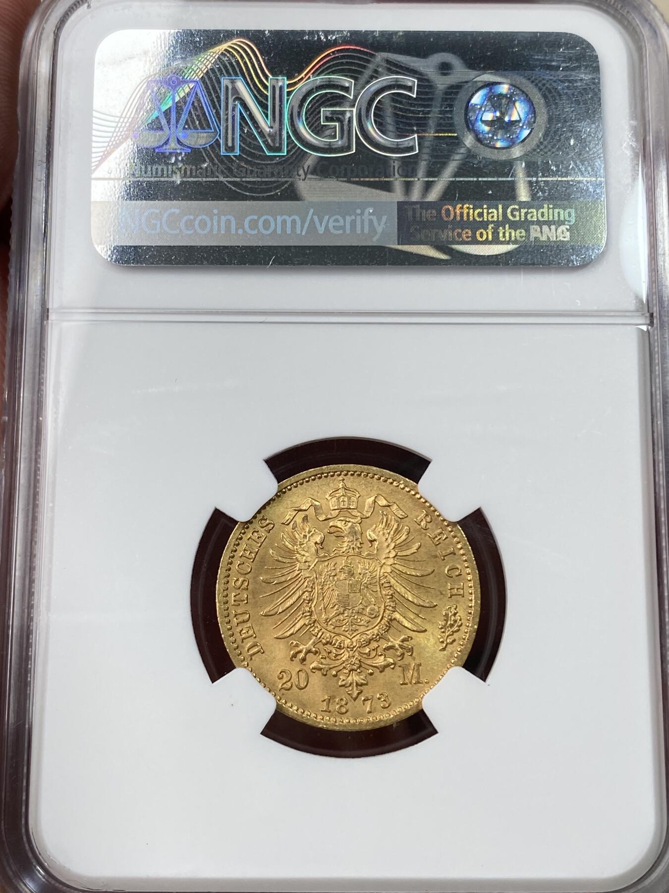 万国钱币拍卖第049期（万国夏季大拍） NGC MS65 1873年德国普鲁士威廉一世短翅20马克金币 纵享顶级丝滑金光 典藏级短翅金马克 NGC亚军分 7.96g 900金