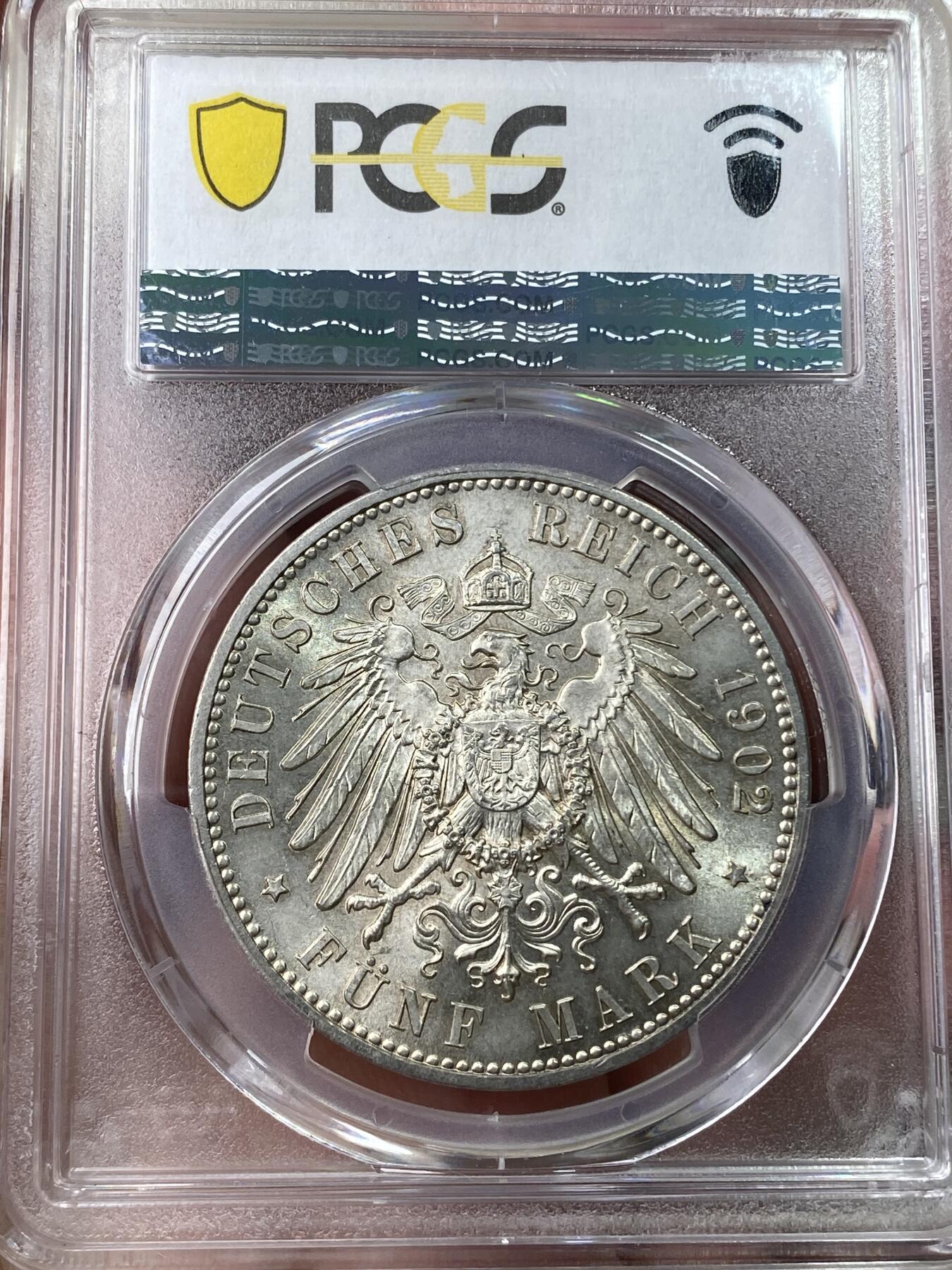 万国钱币拍卖第049期（万国夏季大拍） PCGS MS65 1902年德国萨克森王国阿尔伯特长翅流通5马克 罕见高分流通版本 区别于常见的1902逝世5马克 BU淡金彩车轮转光