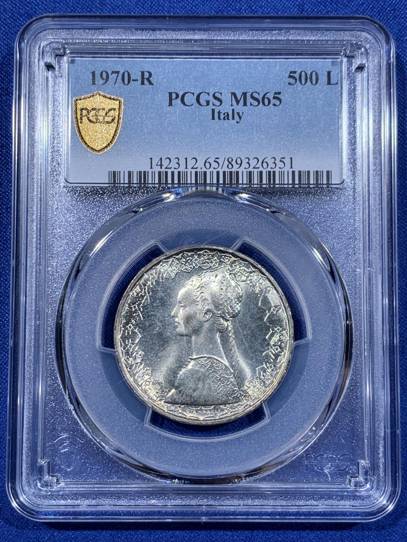《竞宝斋》第398场 周日，周一，2场连拍 （全场包邮） 两枚一组 PCGS MS65 1966-1970年意大利500里拉 美女帆船 高分