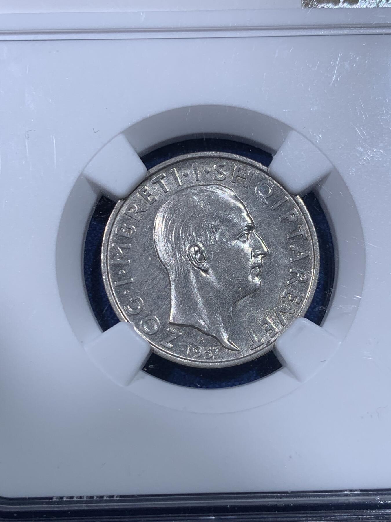 《竞宝斋》第398场 周日，周一，2场连拍 （全场包邮） NGC UNC 阿尔巴尼亚1937年1法郎银币 少见年份