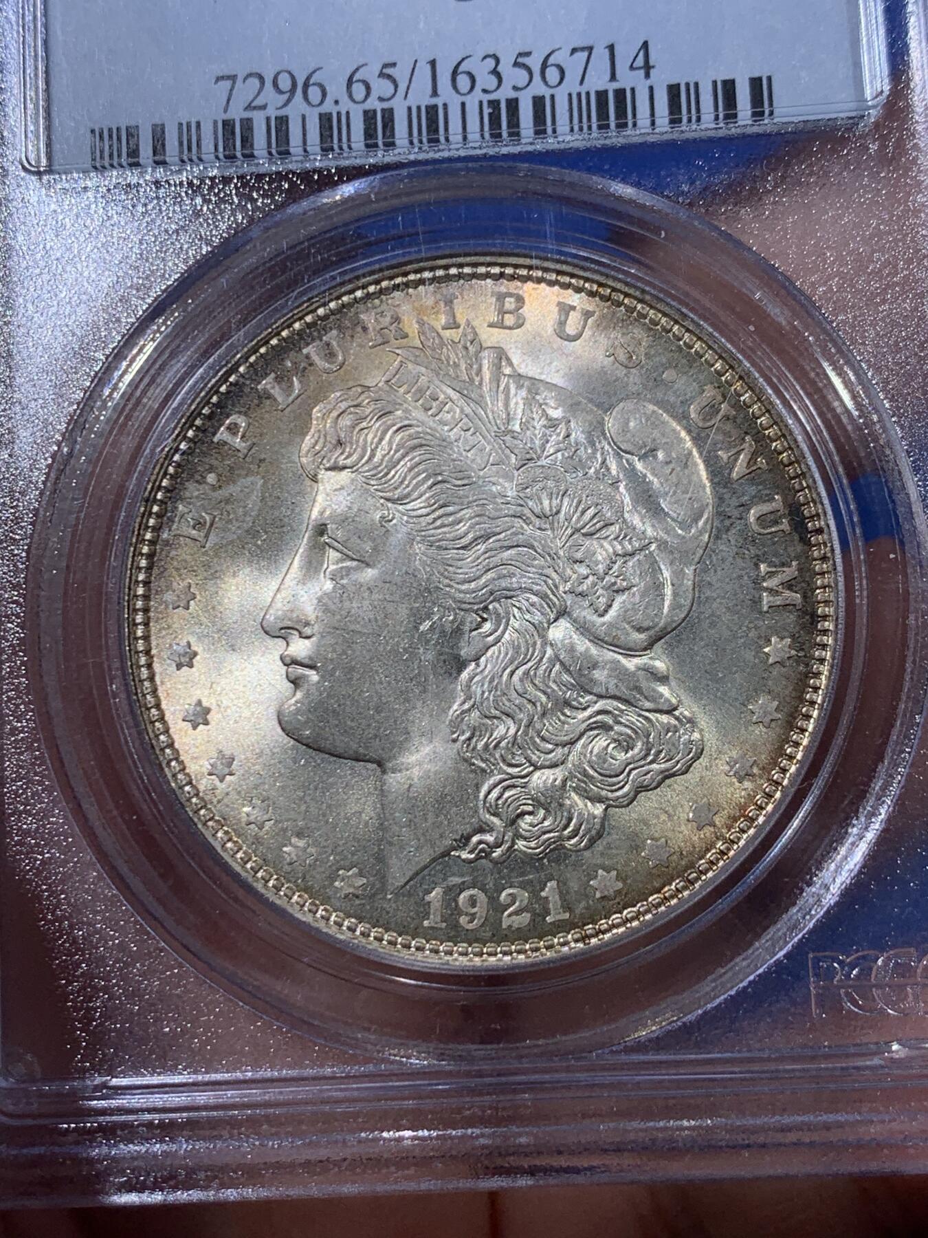 《竞宝斋》第398场 周日，周一，2场连拍 （全场包邮） PCGS MS65 美国 1921 摩根银币 淡彩包浆 非常漂亮的