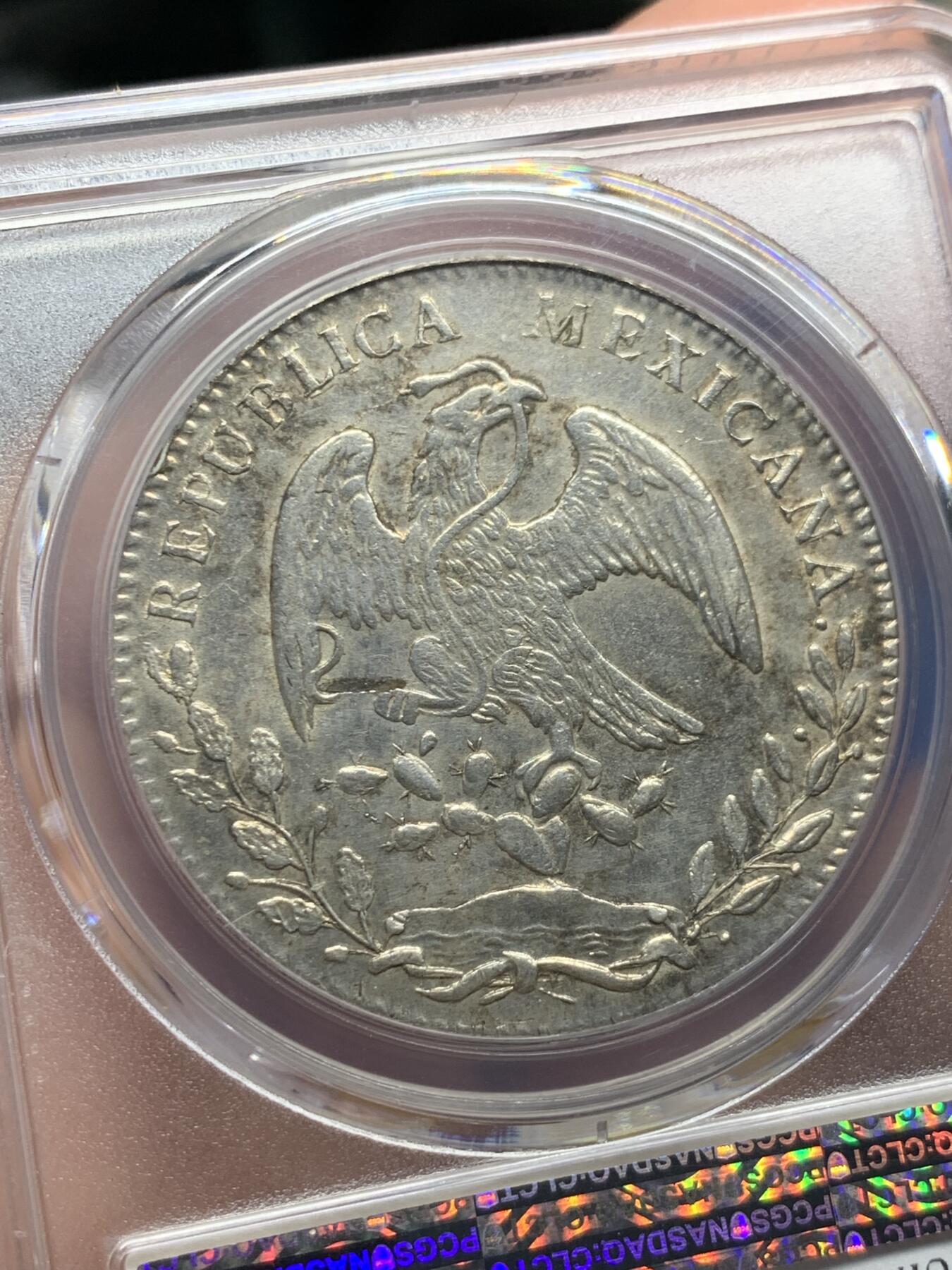 《竞宝斋》第398场 周日，周一，2场连拍 （全场包邮） PCGS-AU 墨西哥 1884 CN AM版 8瑞尔 银币 七级鹰 AU级别极少 可遇不可求