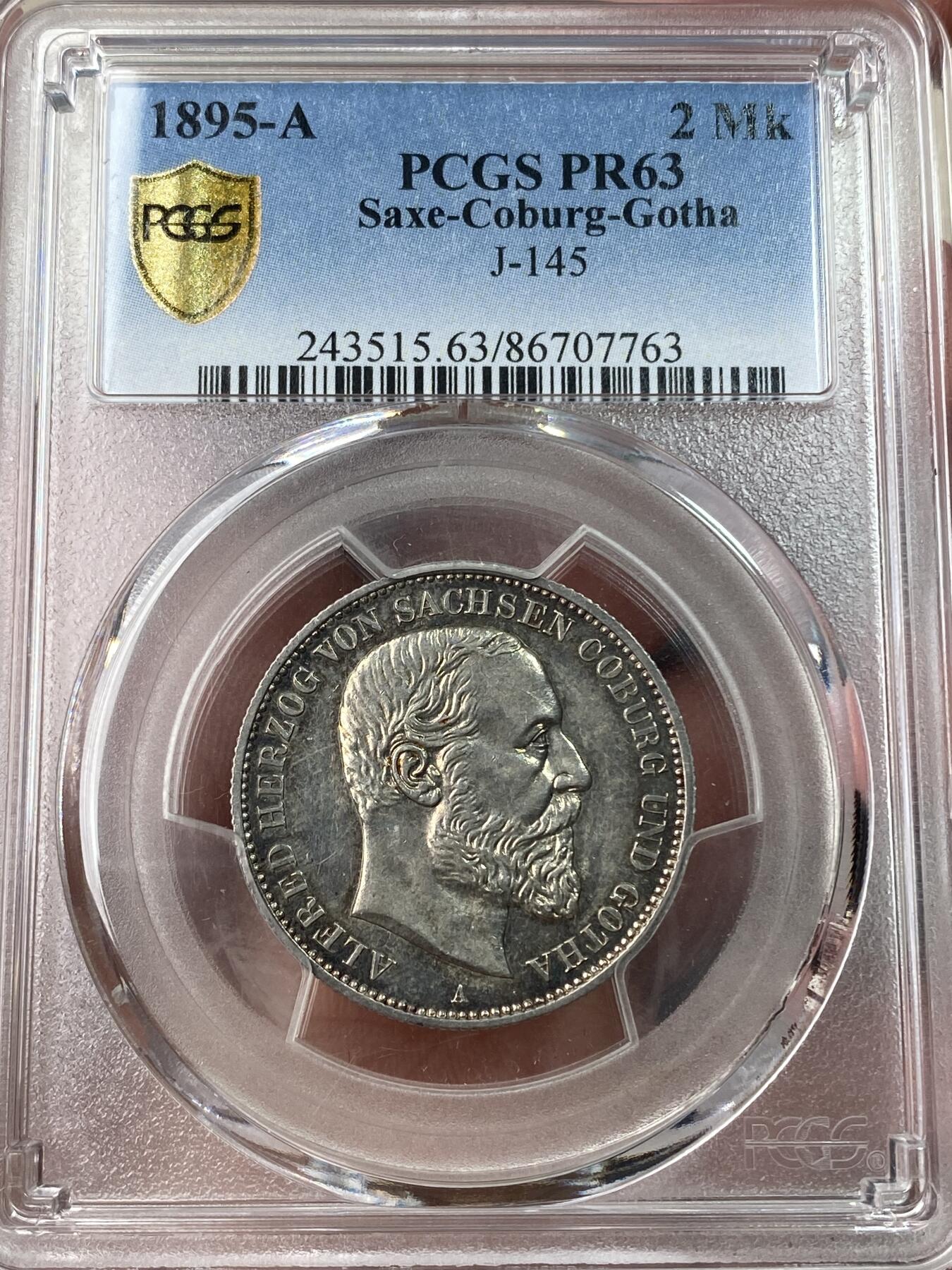 万国钱币拍卖第049期（万国夏季大拍） PCGS PR63 1895年德国萨克森-科堡-哥达阿尔弗雷德大公长翅流通2马克 萨克森科堡所有面值的马克都是极其难得的存在 单年发行 精制更是凤毛麟角 原味镜面状态 PC唯一亚军分 更高分仅一枚