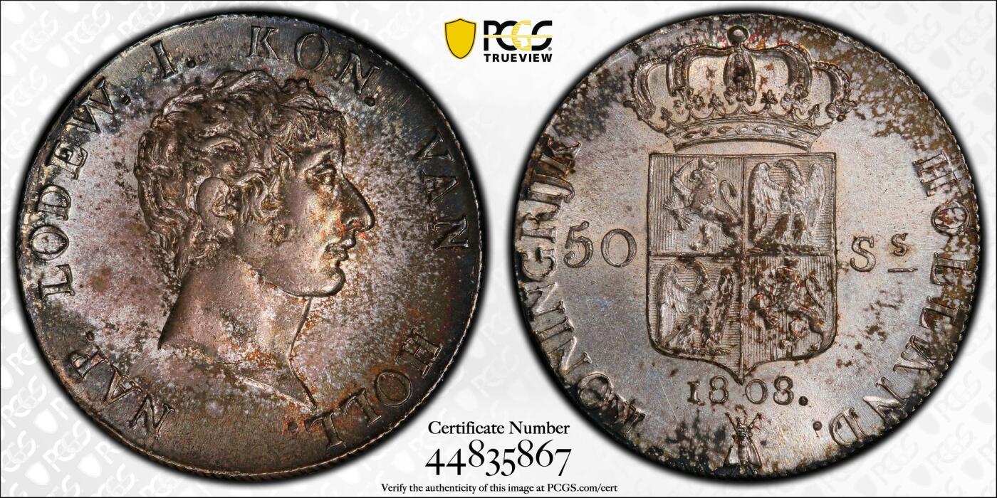 万国钱币拍卖第049期（万国夏季大拍） PCGS MS64 1808年法占荷兰王国拿破仑50Stuvier 26.35g大银主币 法国鹰与荷兰狮同框 厚重环五彩 深打车轮光  一步到位的顶级品相
