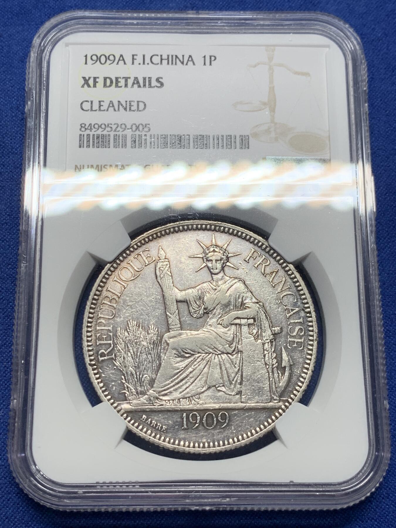 《竞宝斋》第398场 周日，周一，2场连拍 （全场包邮） NGC XF 印度支那 1909A 坐洋1皮阿斯特银元