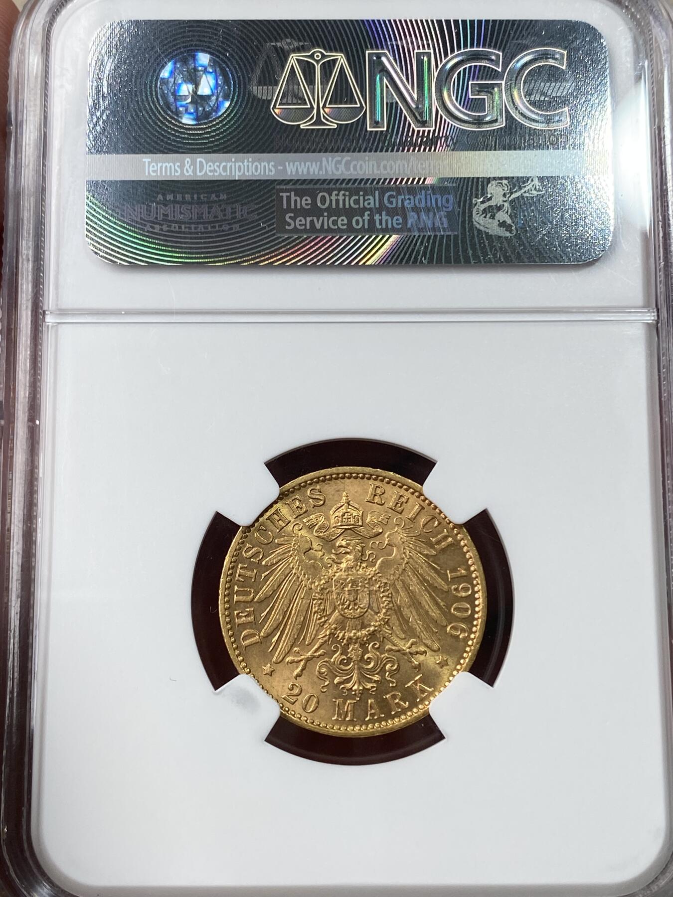 万国钱币拍卖第049期（万国夏季大拍） NGC MS66 1906年德国不莱梅双狮护盾长翅流通20马克金币 罕见自由市最大面值金马克 仅单年发行两万枚 书价极高 顶级GEM品质 7.96g 900金
