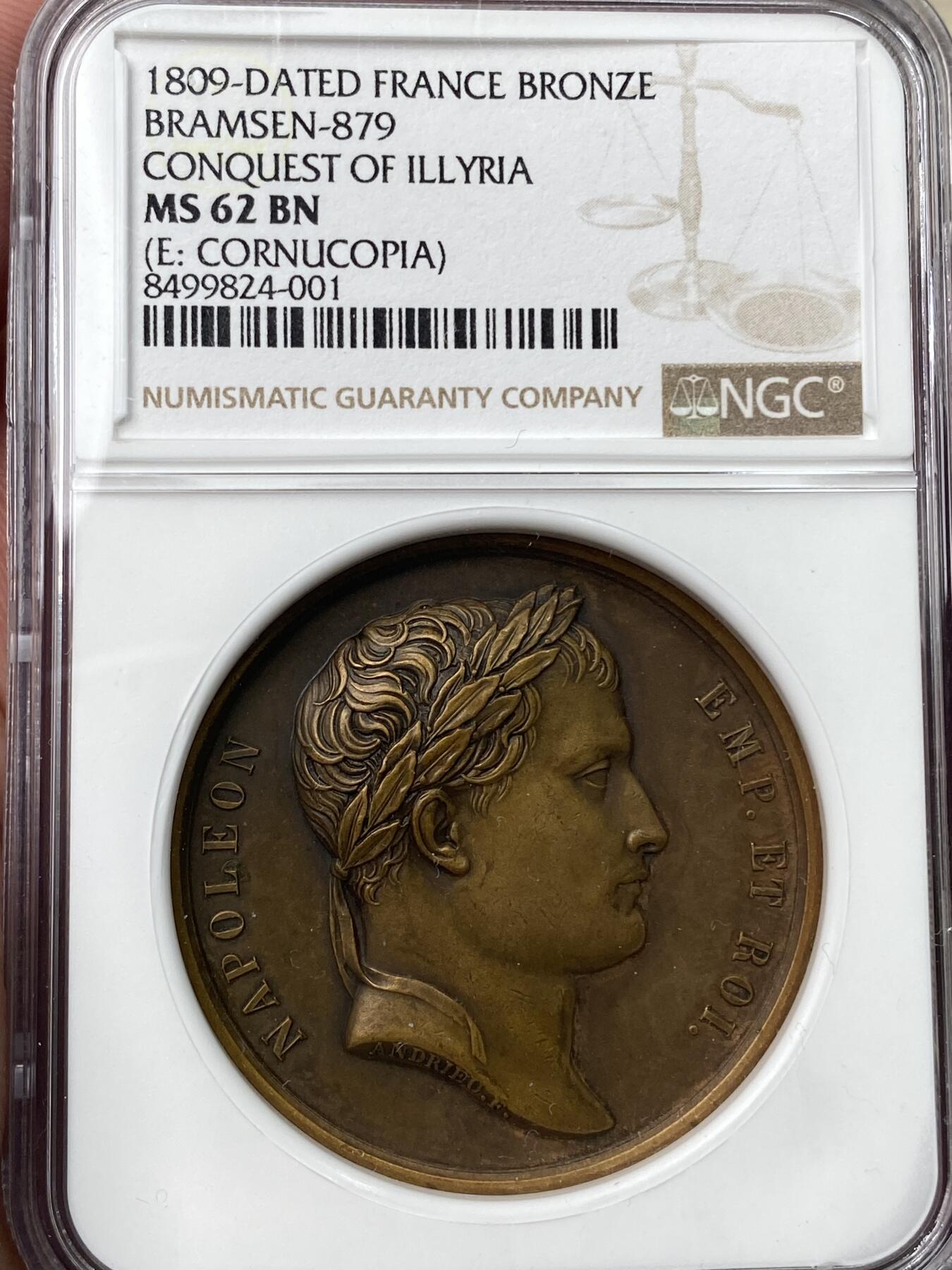 万国钱币拍卖第049期（万国夏季大拍） NGC MS62 1809年法国拿破仑一世征服伊利里亚纪念大铜章 丰饶角边铭后铸