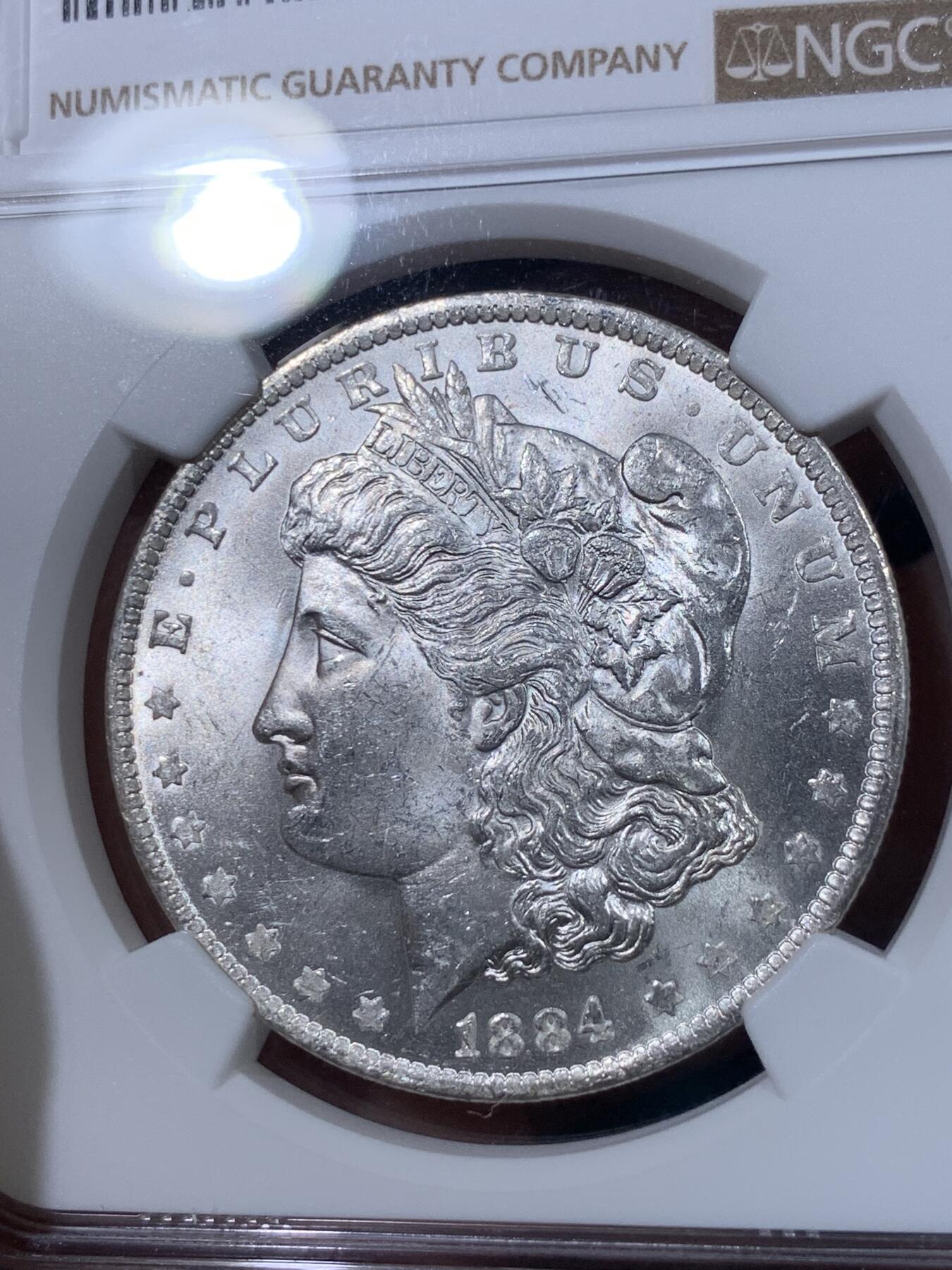 《竞宝斋》第398场 周日，周一，2场连拍 （全场包邮） NGC MS64 美国 1884 O版 摩根银元 光度好
