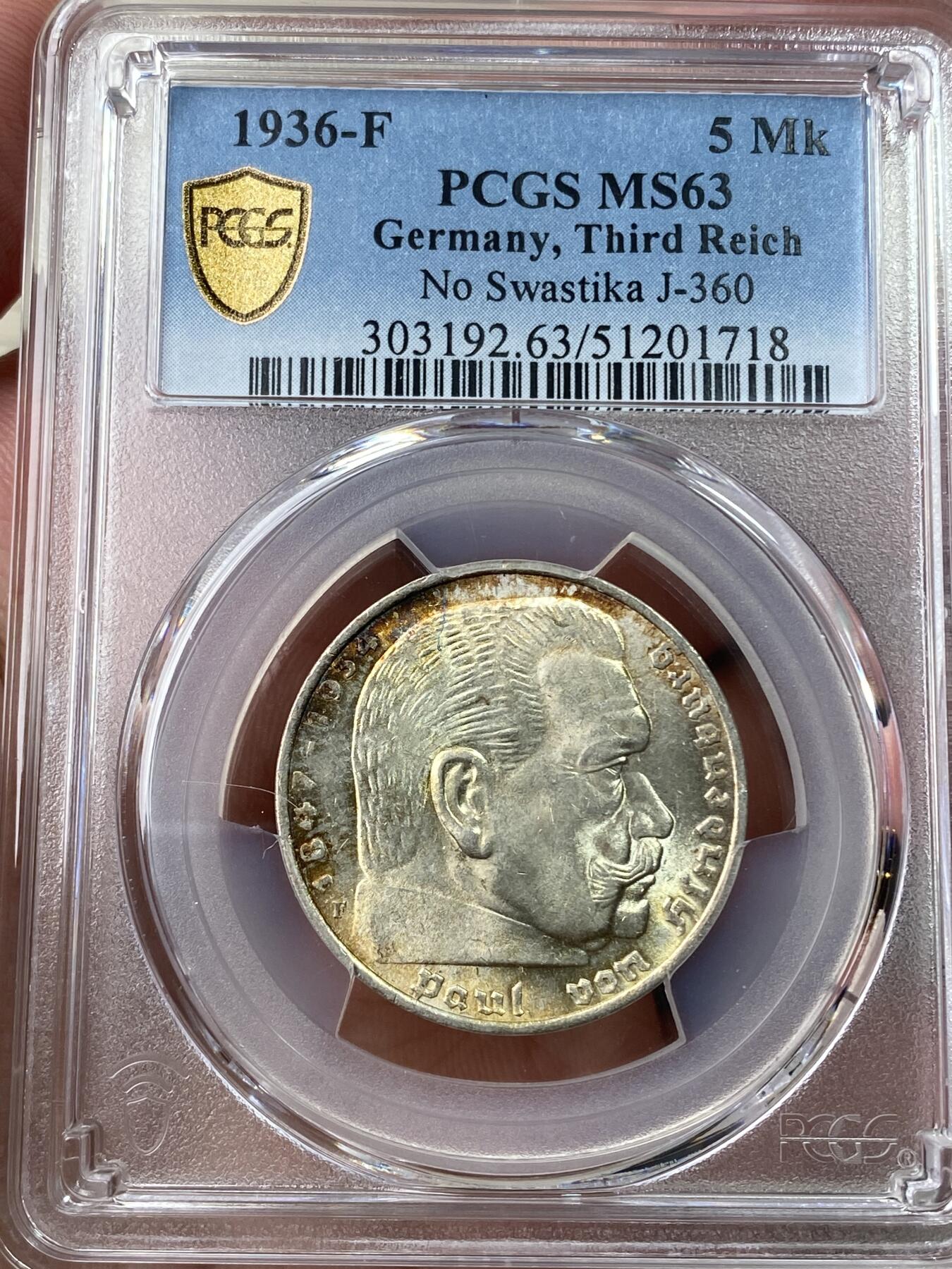 万国钱币拍卖第049期（万国夏季大拍） PCGS MS63 1936年F德国三帝国兴登堡5马克银币 原味淡金彩包浆