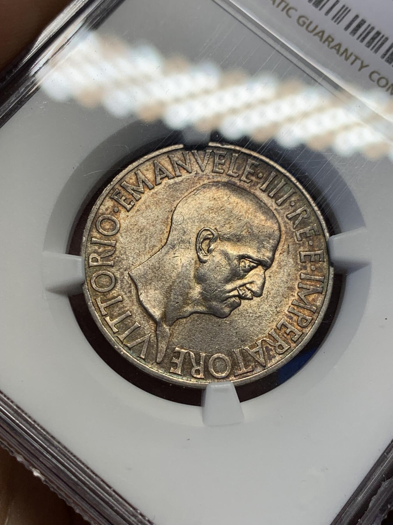《竞宝斋》第398场 周日，周一，2场连拍 （全场包邮） NGC UNC 意大利1936年10里拉银币 改版的妹妹站船头形象更具力量和权利的象征