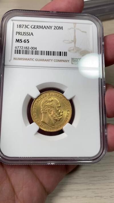 万国钱币拍卖第049期（万国夏季大拍） NGC MS65 1873年德国普鲁士威廉一世短翅20马克金币 纵享顶级丝滑金光 典藏级短翅金马克 NGC亚军分 7.96g 900金