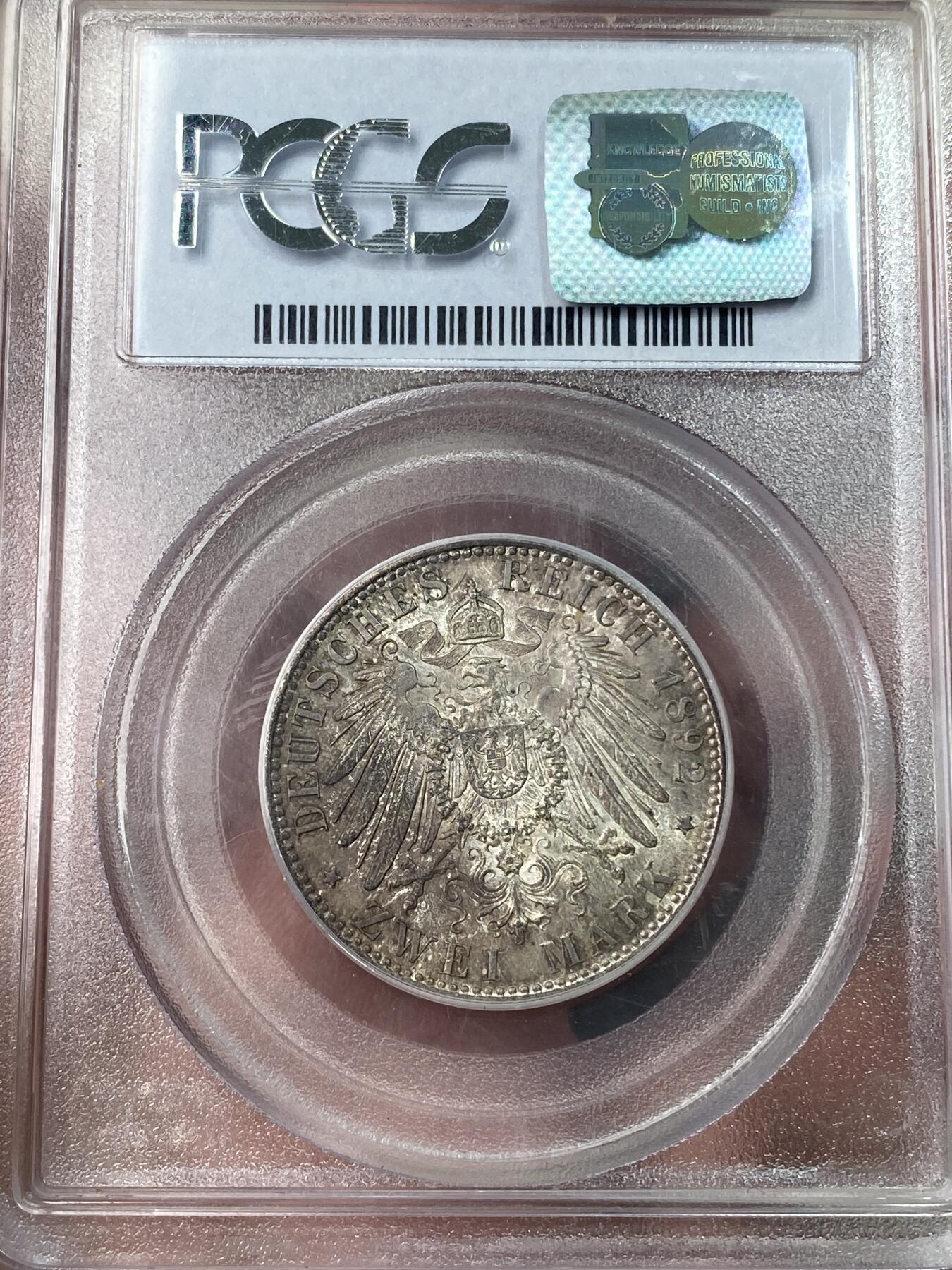 万国钱币拍卖第049期（万国夏季大拍） PCGS MS64 1892年德国萨克森-魏玛-爱森纳赫卡尔·亚历山大大公长翅流通2马克 罕见品种 PC古董老白盒 原味欧陆五彩 