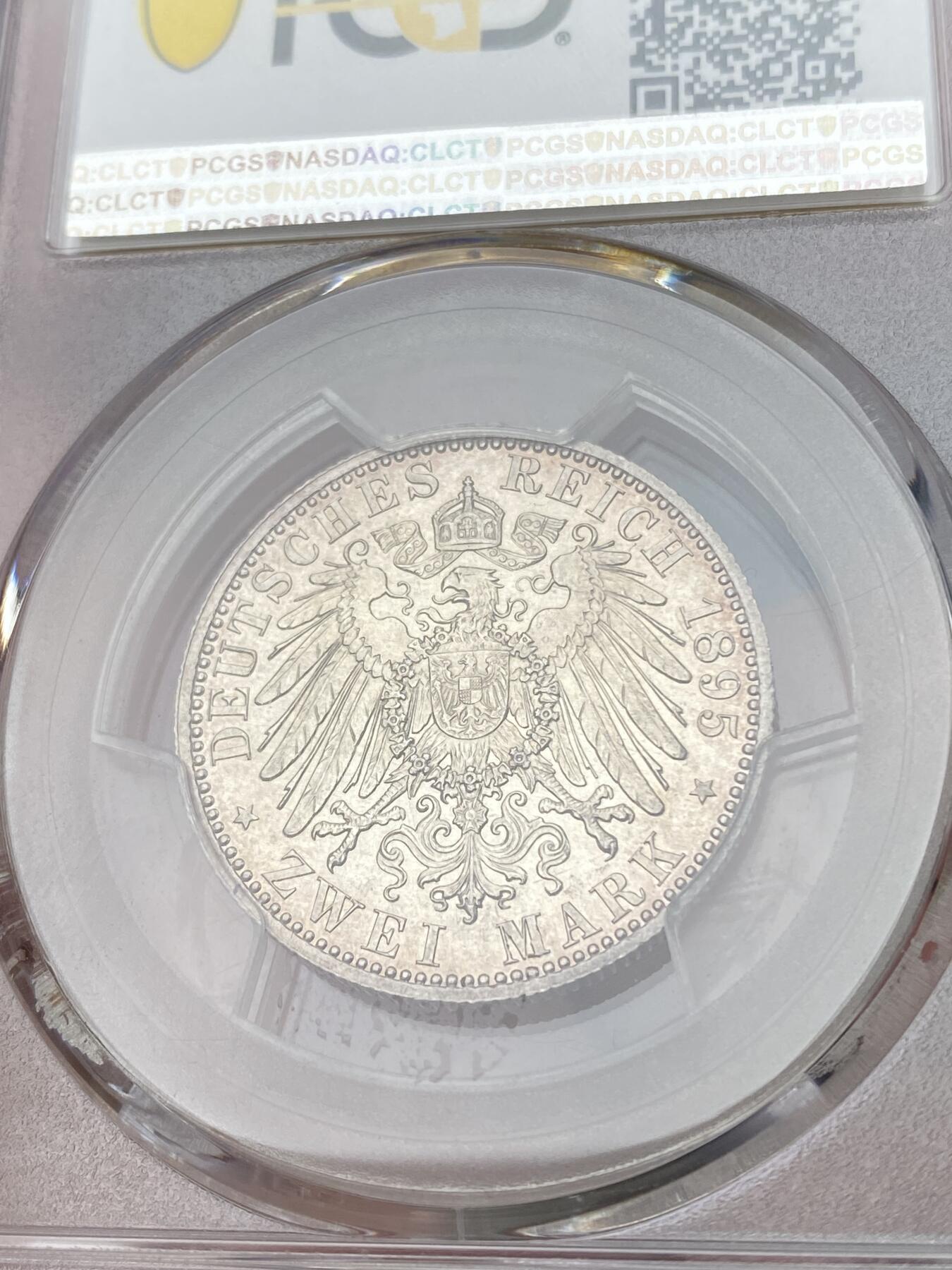 万国钱币拍卖第049期（万国夏季大拍） PCGS PR63 1895年德国萨克森-科堡-哥达阿尔弗雷德大公长翅流通2马克 萨克森科堡所有面值的马克都是极其难得的存在 单年发行 精制更是凤毛麟角 原味镜面状态 PC唯一亚军分 更高分仅一枚