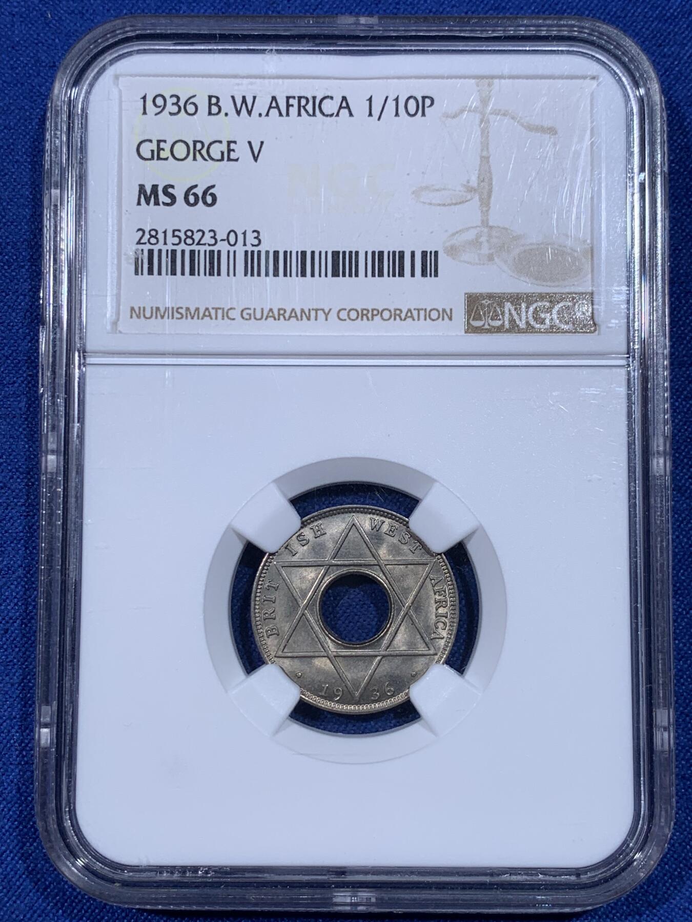 《竞宝斋》第398场 周日，周一，2场连拍 （全场包邮） NGC MS66 英属南非 1936年 乔五 1/10P 高分好状态