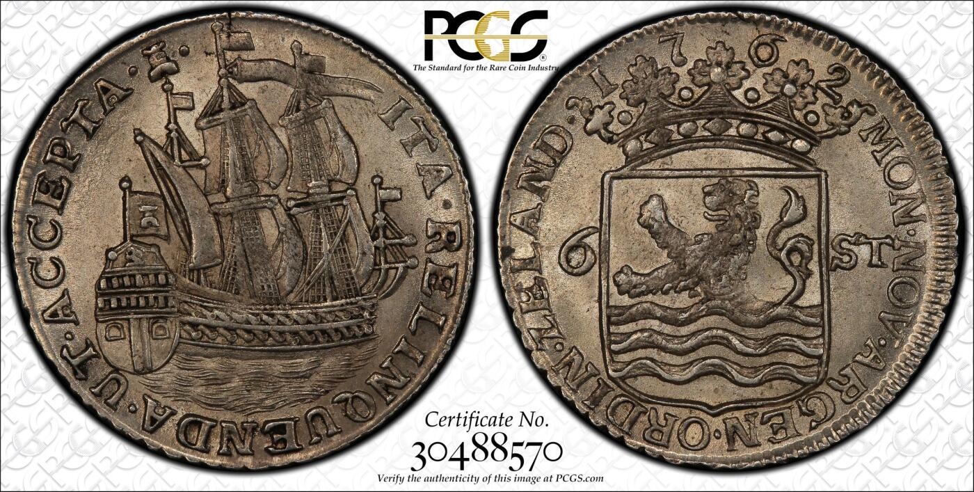 万国钱币拍卖第049期（万国夏季大拍） PCGS MS64 1762年尼德兰联省共和国泽兰省6S经典帆船小银币 原光淡彩全深打顶级收藏状态 PC唯一冠军分
