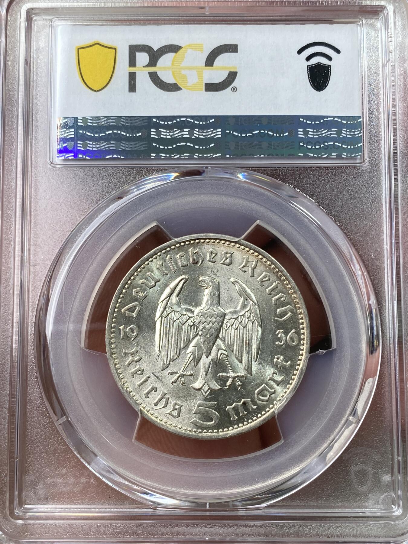 万国钱币拍卖第049期（万国夏季大拍） PCGS MS63 1936年F德国三帝国兴登堡5马克银币 原味淡金彩包浆