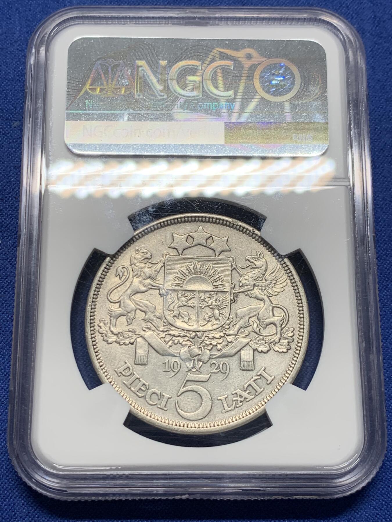 《竞宝斋》第398场 周日，周一，2场连拍 （全场包邮） NGC AU 拉脱维亚 1929 5里拉银币