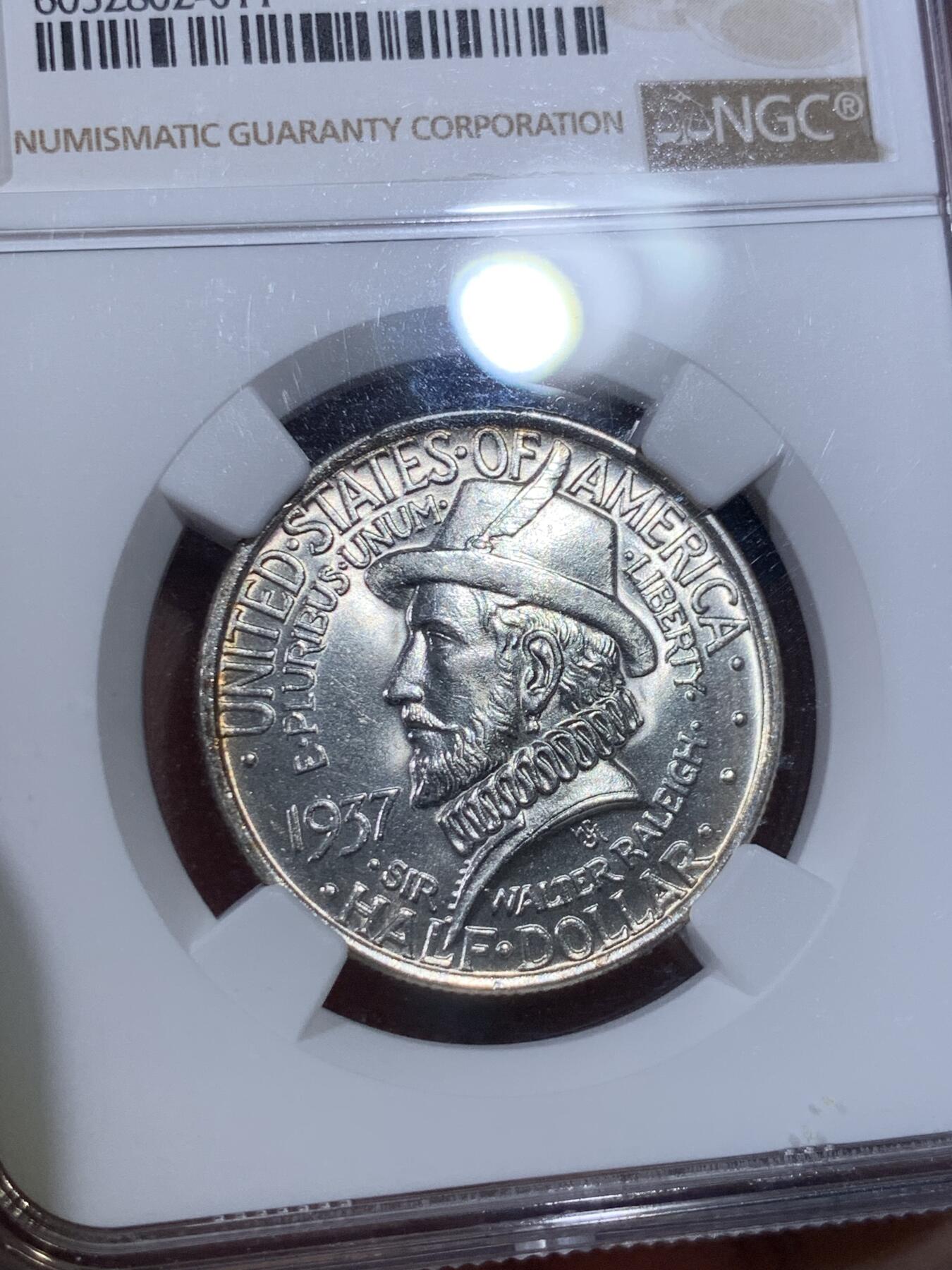 《竞宝斋》第398场 周日，周一，2场连拍 （全场包邮） NGC-MS64 美国 1937年 50美分 纪念罗诺克殖民地的建立 发行量远低于其他同年的半圆纪念币，拍卖中也很少见的一枚，值得收藏