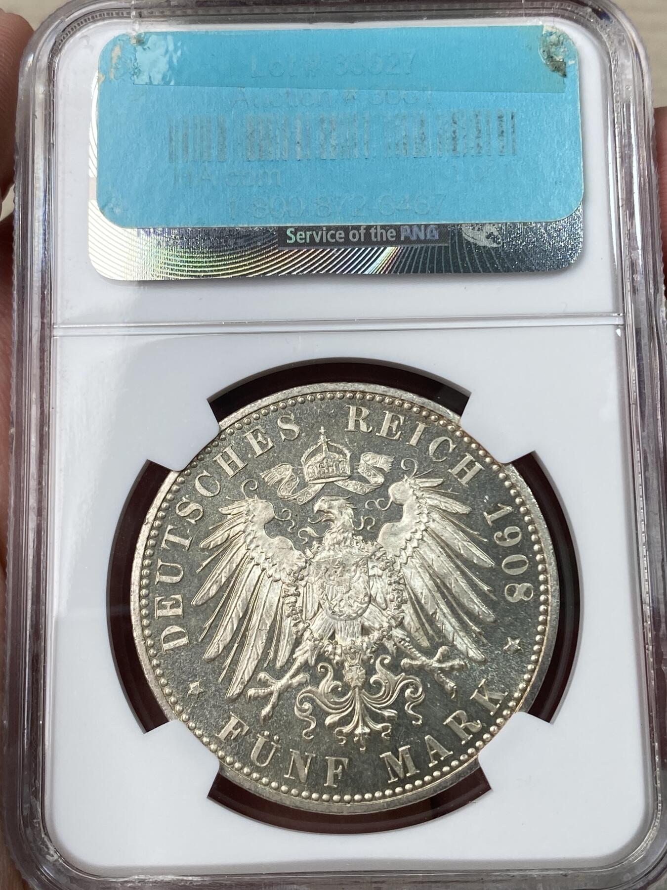 万国钱币拍卖第049期（万国夏季大拍） NGC MS65 1908年德国萨克森-梅宁根乔治二世亲王长翅流通5马克 十字转光淡包浆 类镜面喷砂质感 乔治二世同时也是著名的世界上第一位导演 NGC冠军分 顶级收藏品质