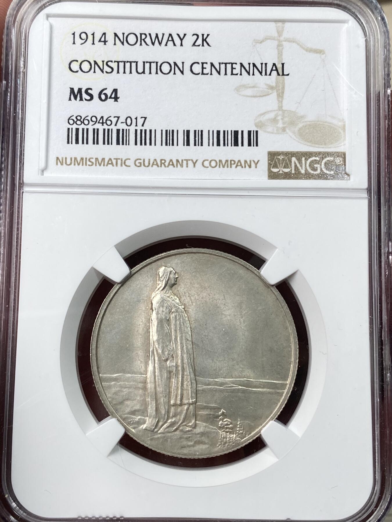 万国钱币拍卖第049期（万国夏季大拍） NGC MS64 1914年挪威宪法百年纪念流通2克朗大银币 原味银霜转光
