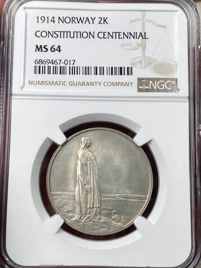 万国钱币拍卖第049期（万国夏季大拍） - NGC MS64 1914年挪威宪法百年纪念流通2克朗大银币 原味银霜转光