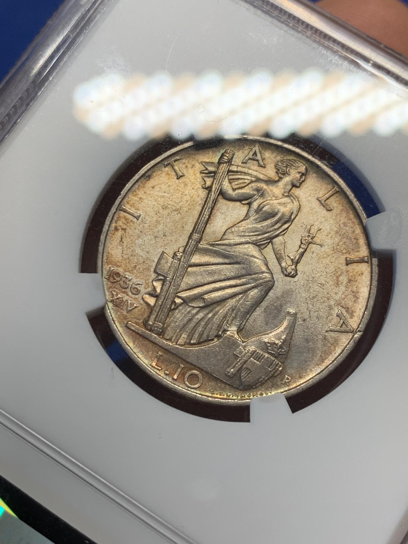 《竞宝斋》第398场 周日，周一，2场连拍 （全场包邮） NGC UNC 意大利1936年10里拉银币 改版的妹妹站船头形象更具力量和权利的象征