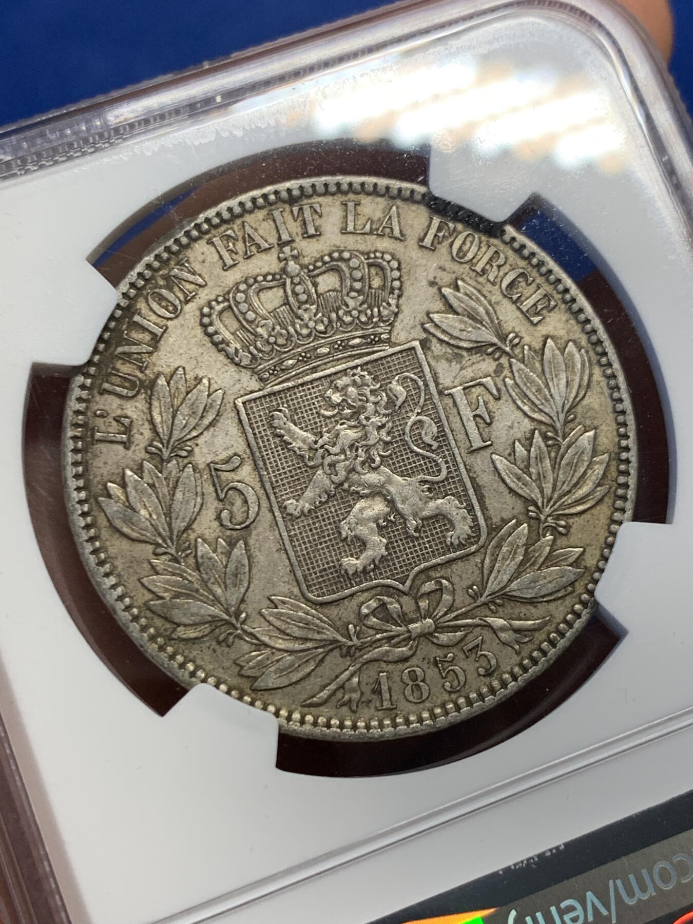 《竞宝斋》第398场 周日，周一，2场连拍 （全场包邮） NGC-AU50 比利时 1853年 5法郎大银币，细节很好