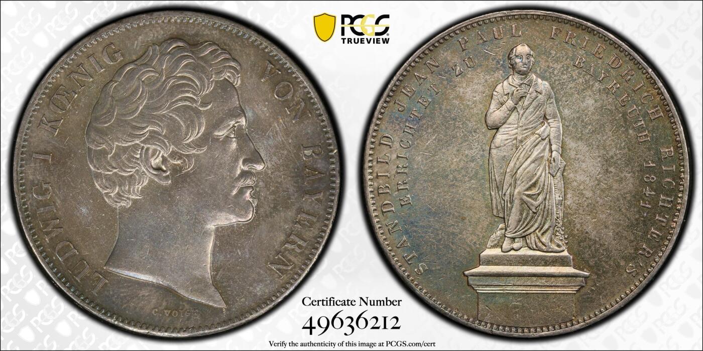 万国钱币拍卖第049期（万国夏季大拍） PCGS UNCD 1841年德国巴伐利亚路德维希一世纪念让-保罗·弗里德里希·里希特雕像落成2泰 历史泰勒名品欧陆超炫七彩包浆 没分可惜 