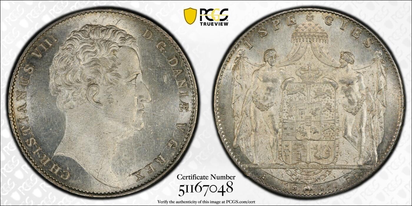 万国钱币拍卖第049期（万国夏季大拍） PCGS MS64 1847丹麦克里斯蒂安八世野人护盾达勒 设计非常出彩的一款北欧大银 野人纹章兼具了观赏性和趣味性 人像喷砂底板类镜面质感 PC唯一冠军。