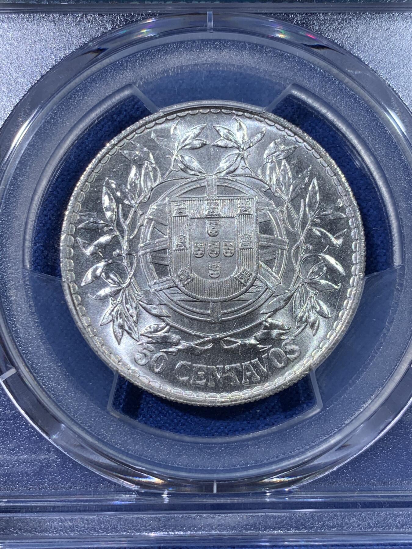 《竞宝斋》第398场 周日，周一，2场连拍 （全场包邮） PCGS MS63 葡萄牙 1916年 50分银币 白净转光